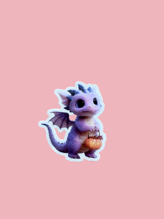 Cute Purple Dragon Sticker | Baby Dragon with Pumpkin Basket Vinyl Decal | Adorable Fantasy Halloween Laptop Water Bottle Sticker | Whimsical Creature Gift - The Sticker Era
