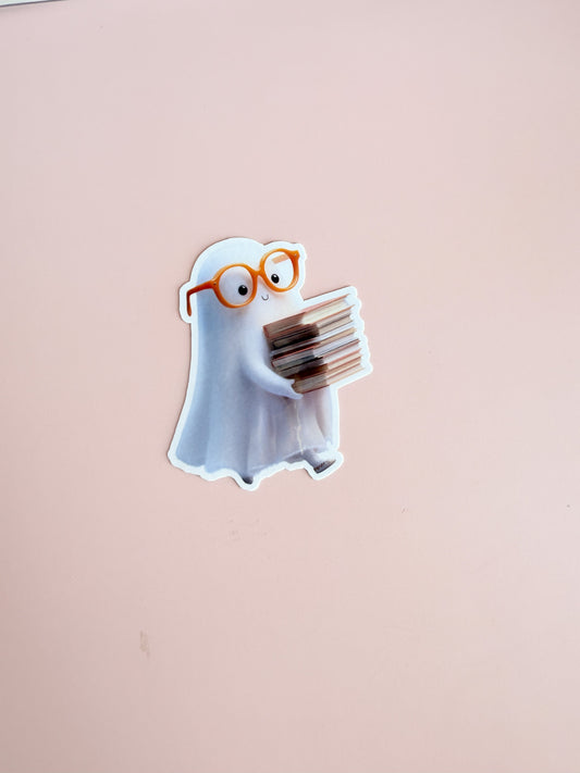 Cute Reading Ghost Sticker | Bookish Spooky Buddy Vinyl Decal with Glasses | Halloween Book Lover Laptop Water Bottle Sticker | Whimsical Reader Gift - The Sticker Era