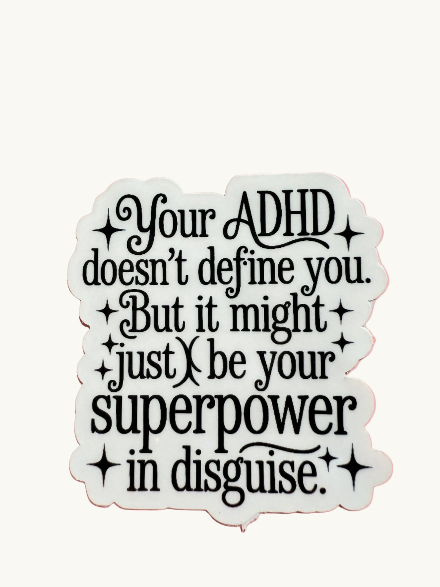 ADHD Superpower vinyl sticker featuring colorful text for neurodiversity awareness on a white background.
