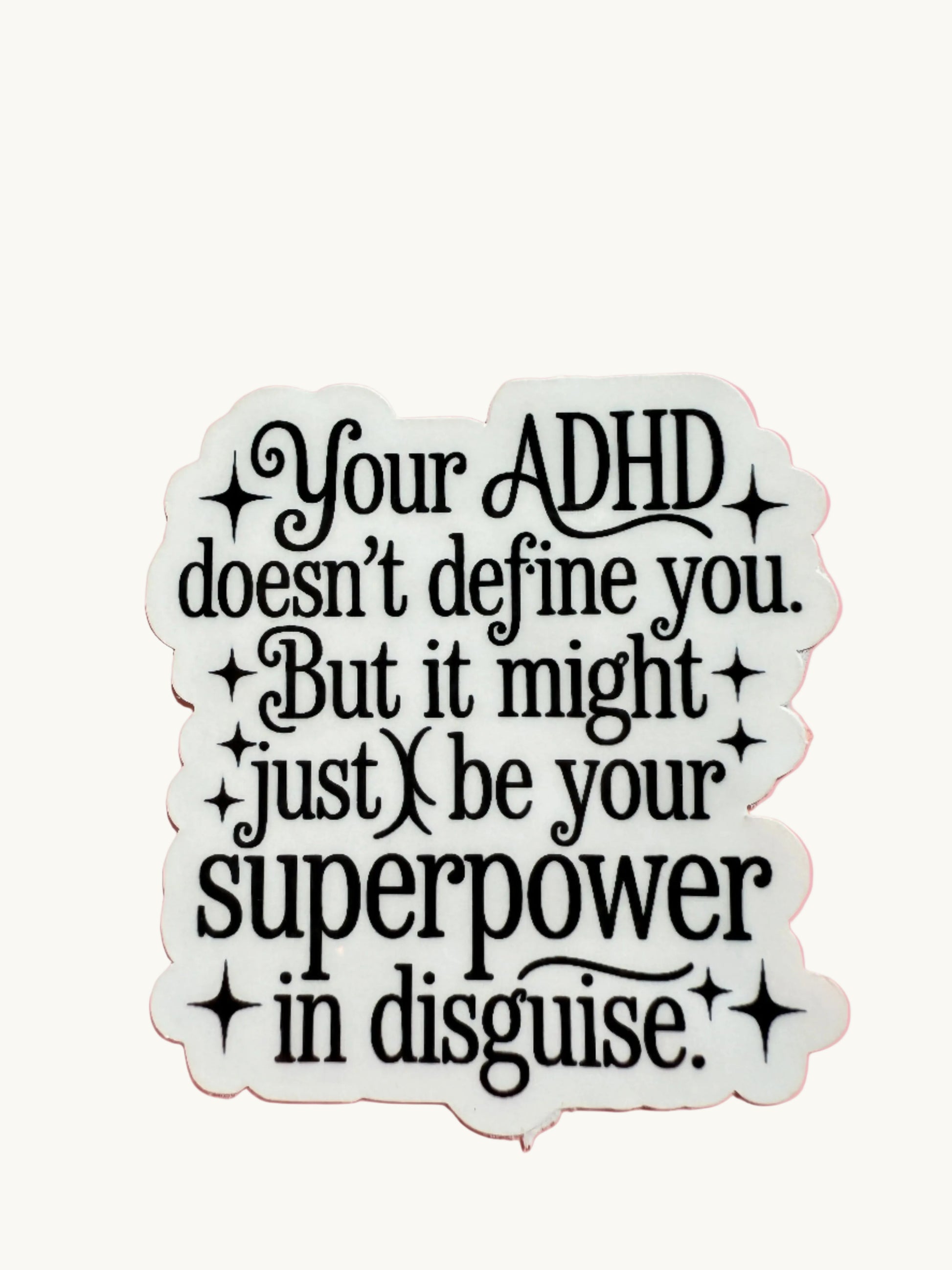ADHD Superpower vinyl sticker featuring colorful text for neurodiversity awareness on a white background.