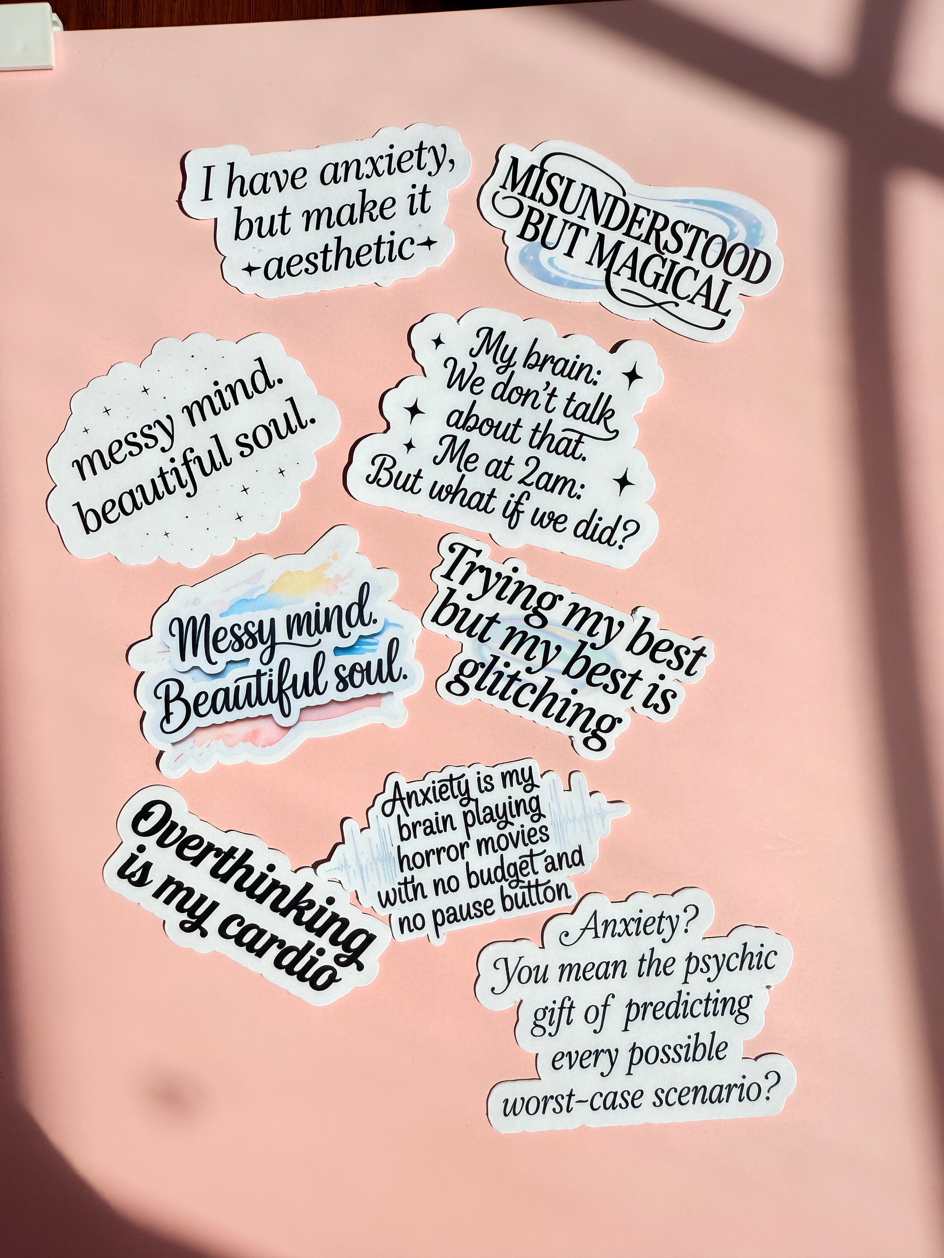 Mental Health Sticker Pack | 8-Piece Anxiety Humor Relatable Quotes Vinyl Decal | Neurodivergent Self-Love Overthinking Laptop Water Bottle Stickers | 2.3-3" Sizes - The Sticker Era