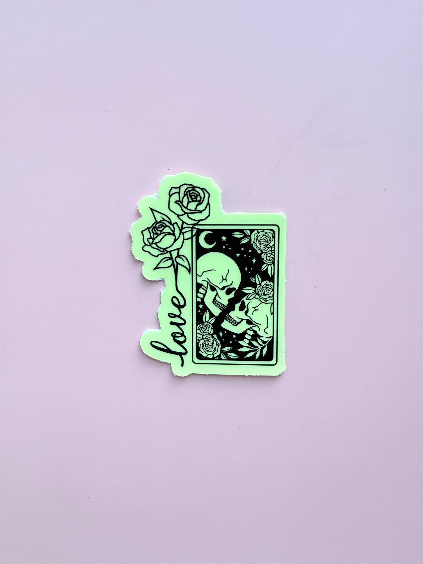 Glow in the Dark Love Sticker | Gothic Romance Skulls Tarot Card Vinyl Decal | Dark Love Mystical Rose Halloween Decor | Celestial Couple Aesthetic | 2.85-inch - The Sticker Era