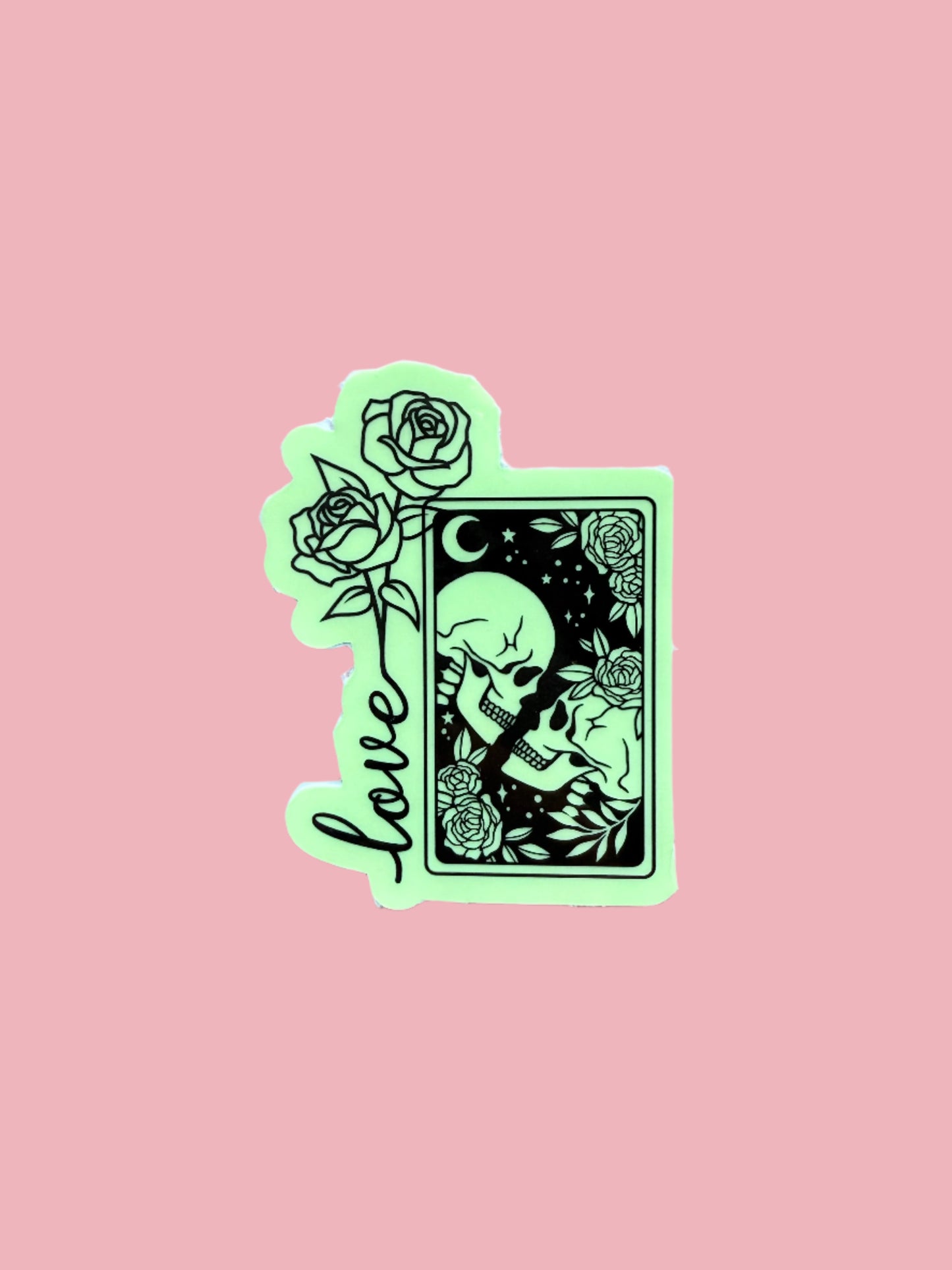 Glow in the Dark Love Sticker | Gothic Romance Skulls Tarot Card Vinyl Decal | Dark Love Mystical Rose Halloween Decor | Celestial Couple Aesthetic | 2.85-inch - The Sticker Era