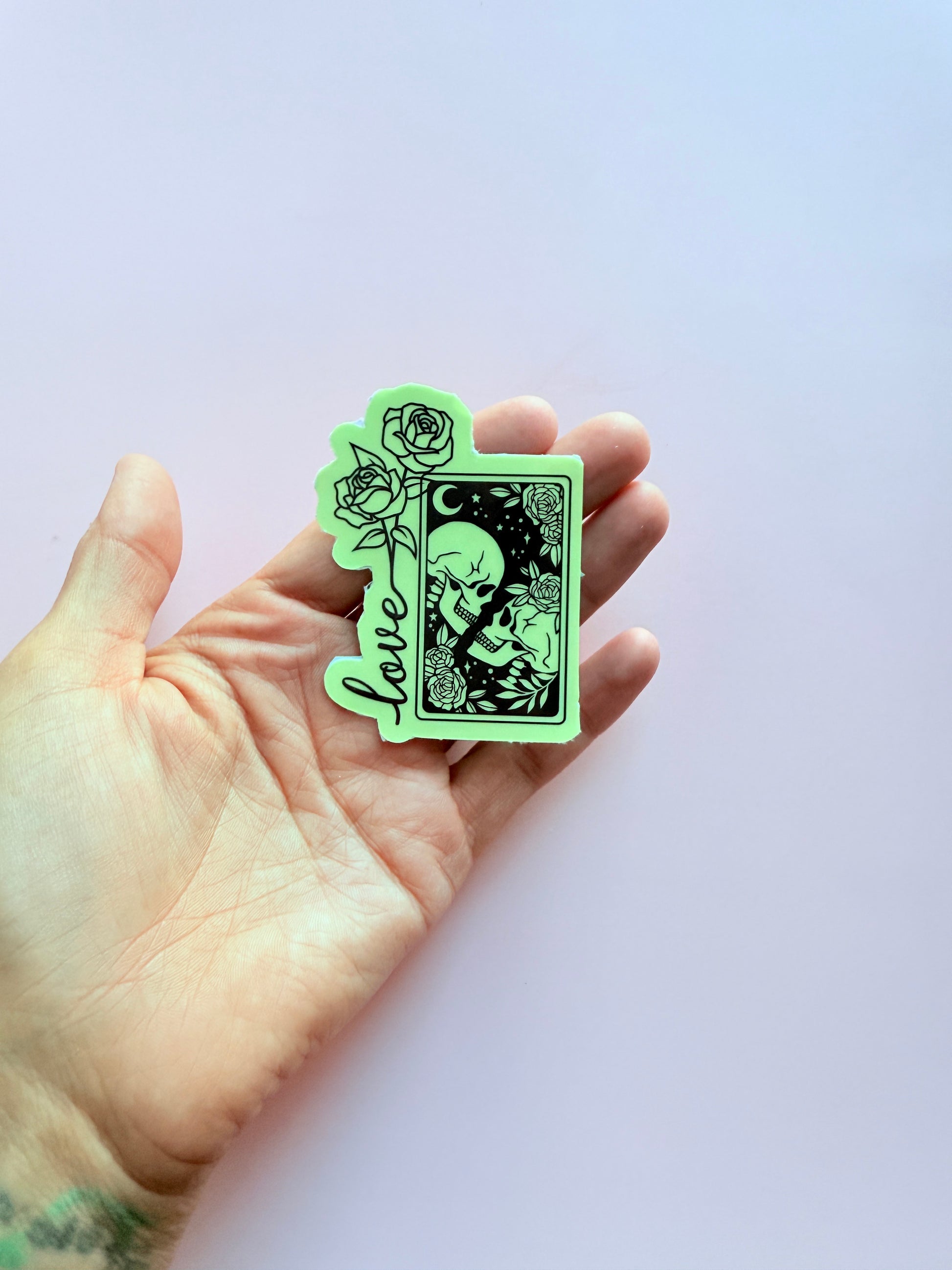 Glow in the Dark Love Sticker | Gothic Romance Skulls Tarot Card Vinyl Decal | Dark Love Mystical Rose Halloween Decor | Celestial Couple Aesthetic | 2.85-inch - The Sticker Era
