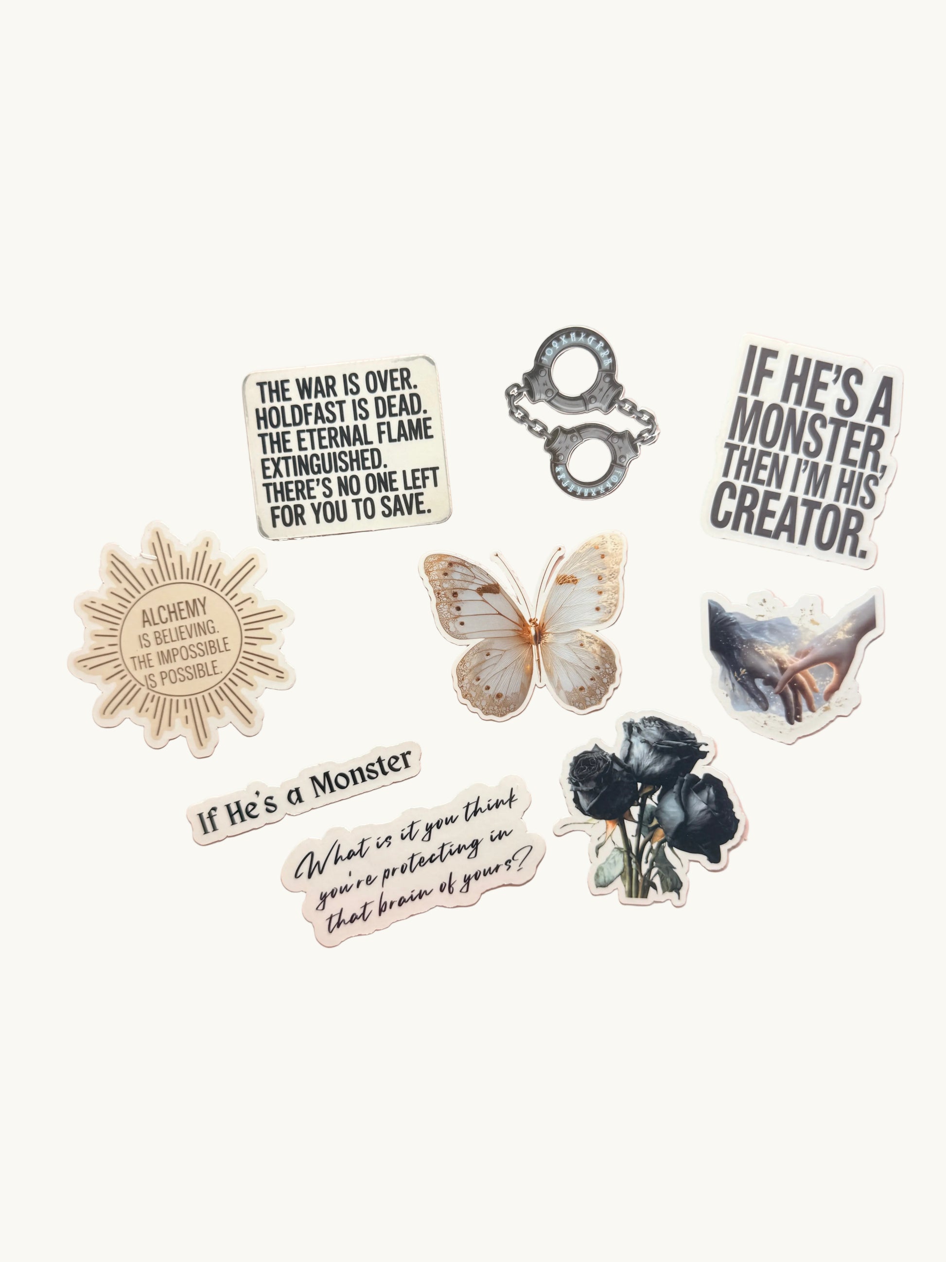 Aesthetic vinyl sticker with a decorative Alchemised back being peeled to reveal the strong adhesive layer