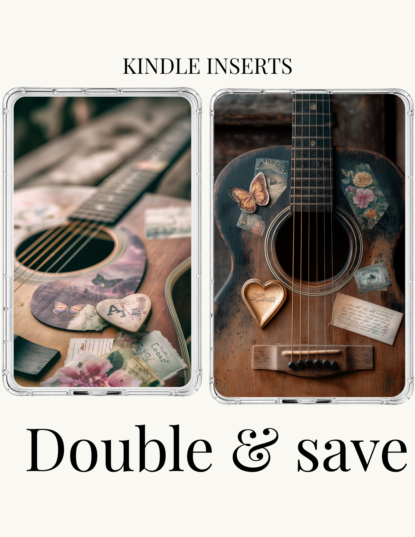Vintage guitar Kindle inserts bundle set of two indie aesthetic clear case designs