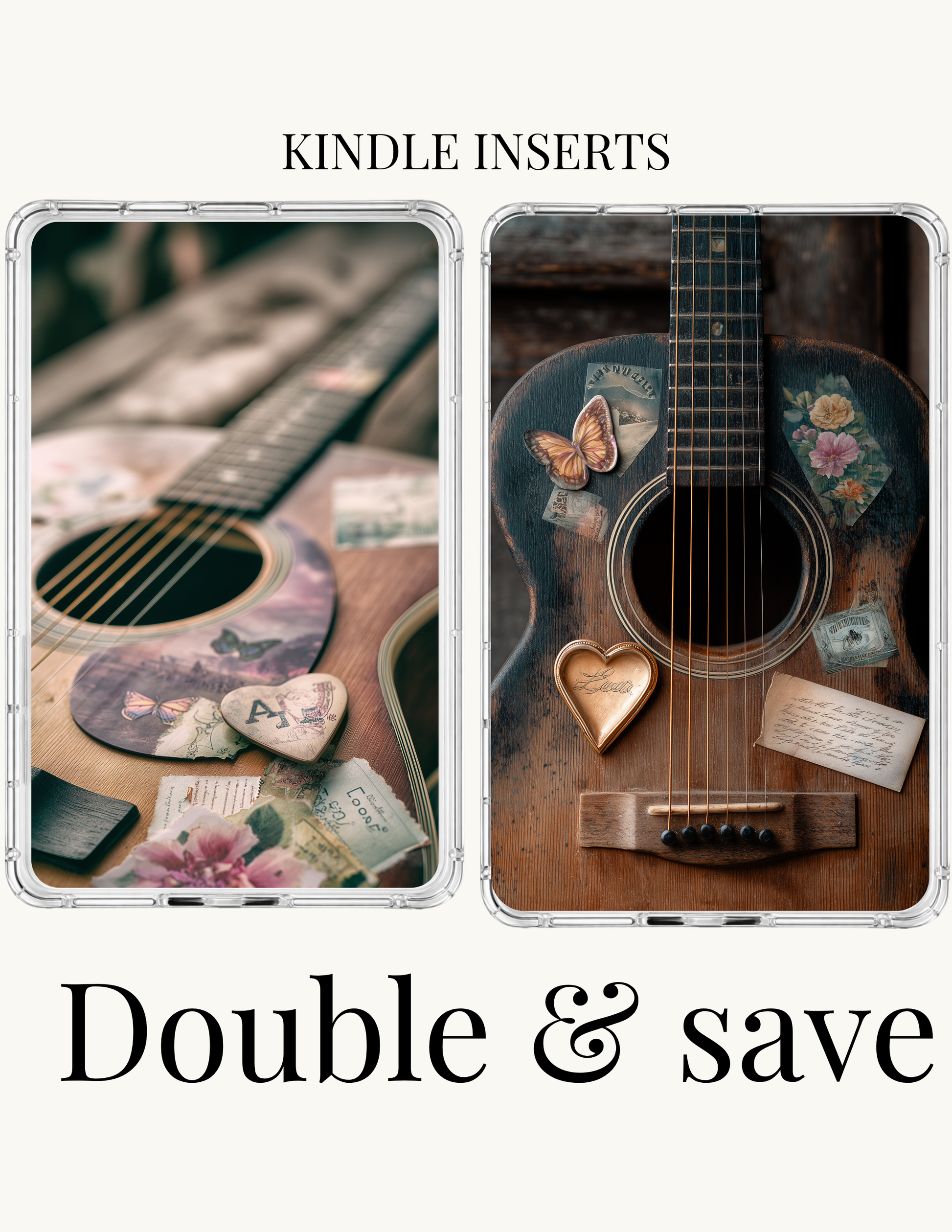 Vintage guitar Kindle inserts bundle set of two indie aesthetic clear case designs