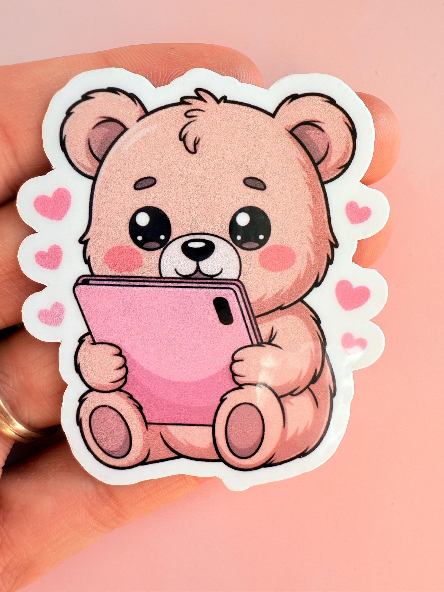 Kawaii Teddy Bear Sticker | Pink Phone, Hearts, Matte Vinyl __etsy:7003429383