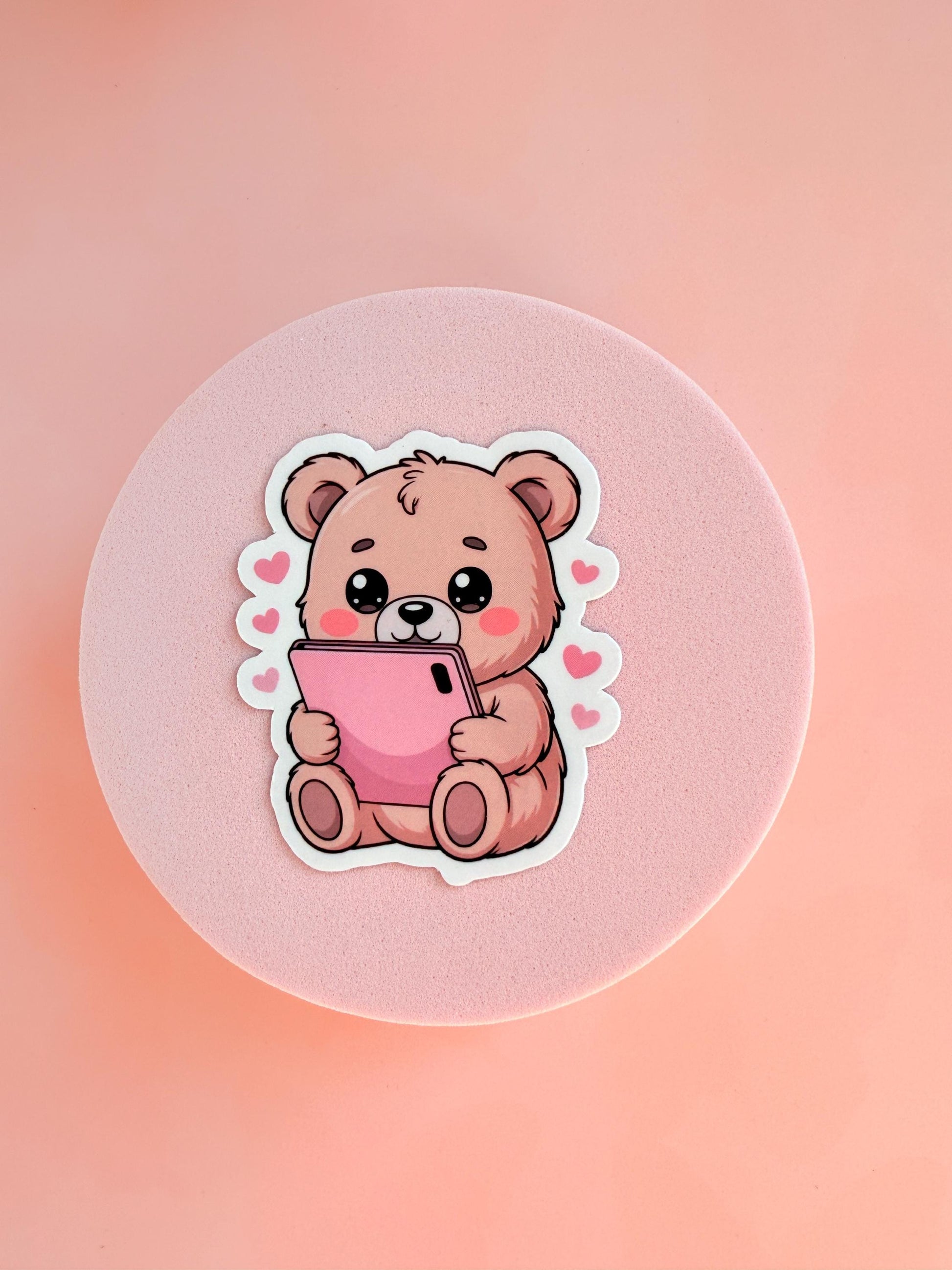 Kawaii Teddy Bear Sticker | Pink Phone, Hearts, Matte Vinyl __etsy:7003428427