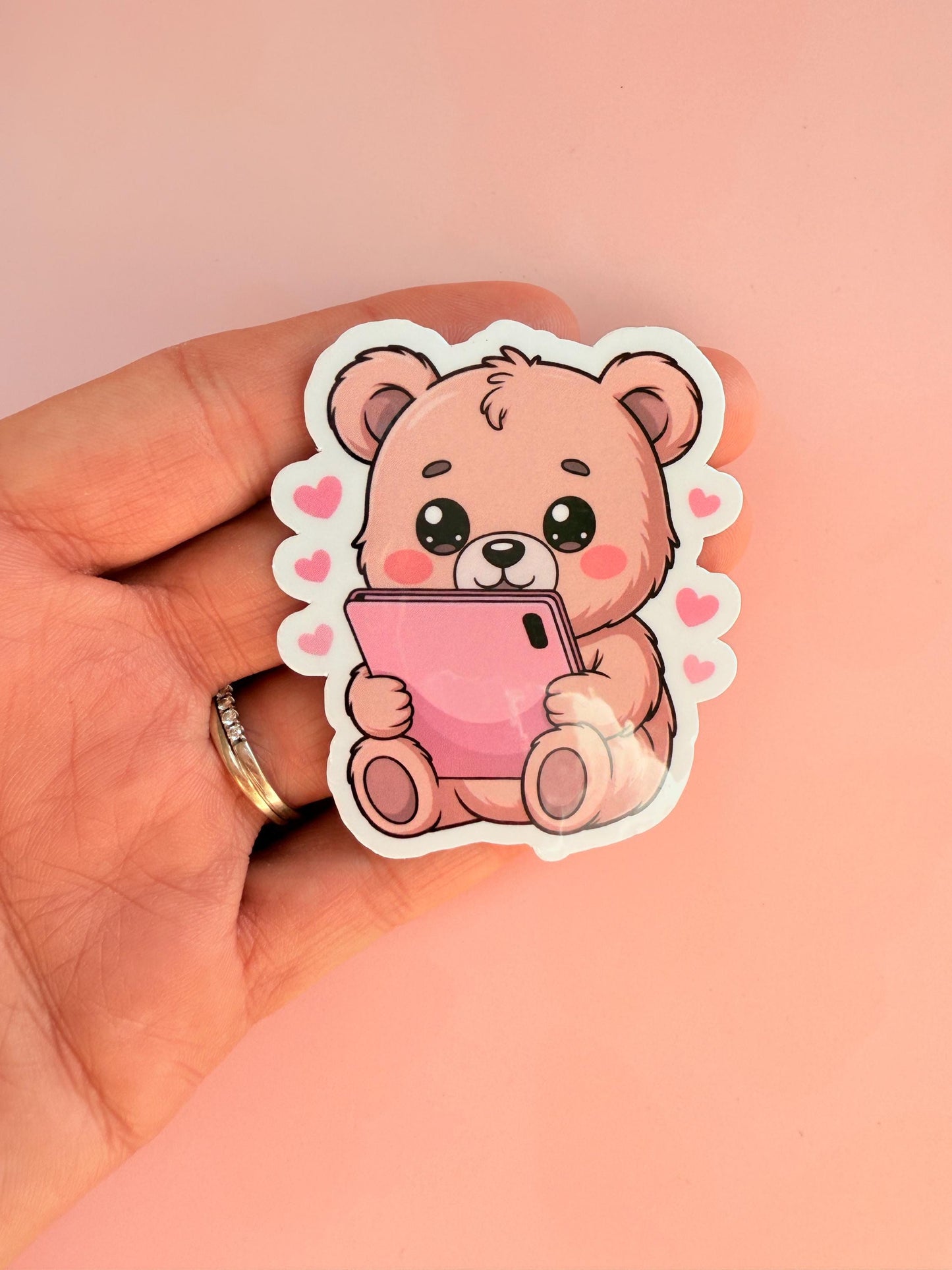 Kawaii Teddy Bear Sticker | Pink Phone, Hearts, Matte Vinyl __etsy:7003428393