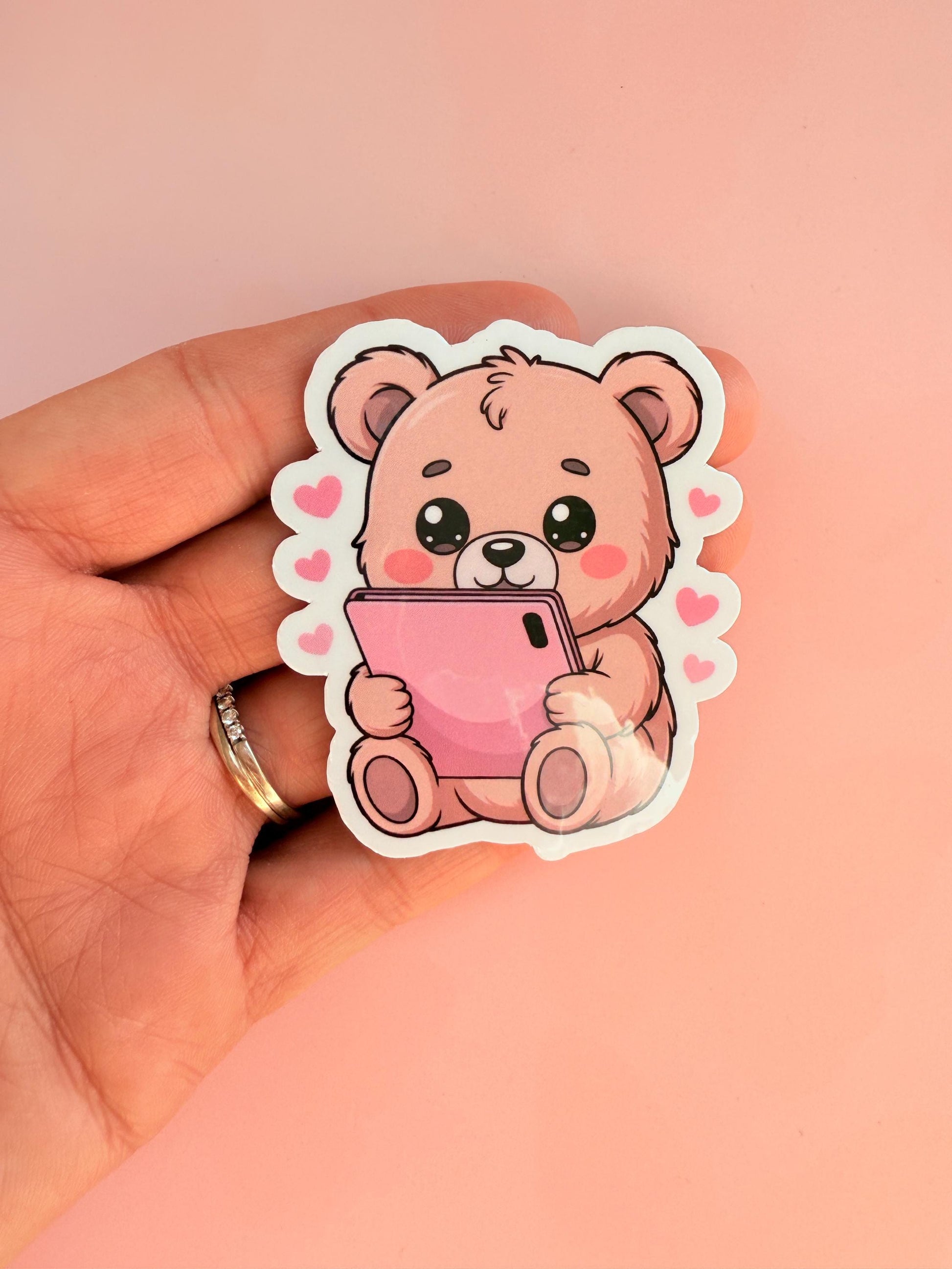 Kawaii Teddy Bear Sticker | Pink Phone, Hearts, Matte Vinyl __etsy:7003428393
