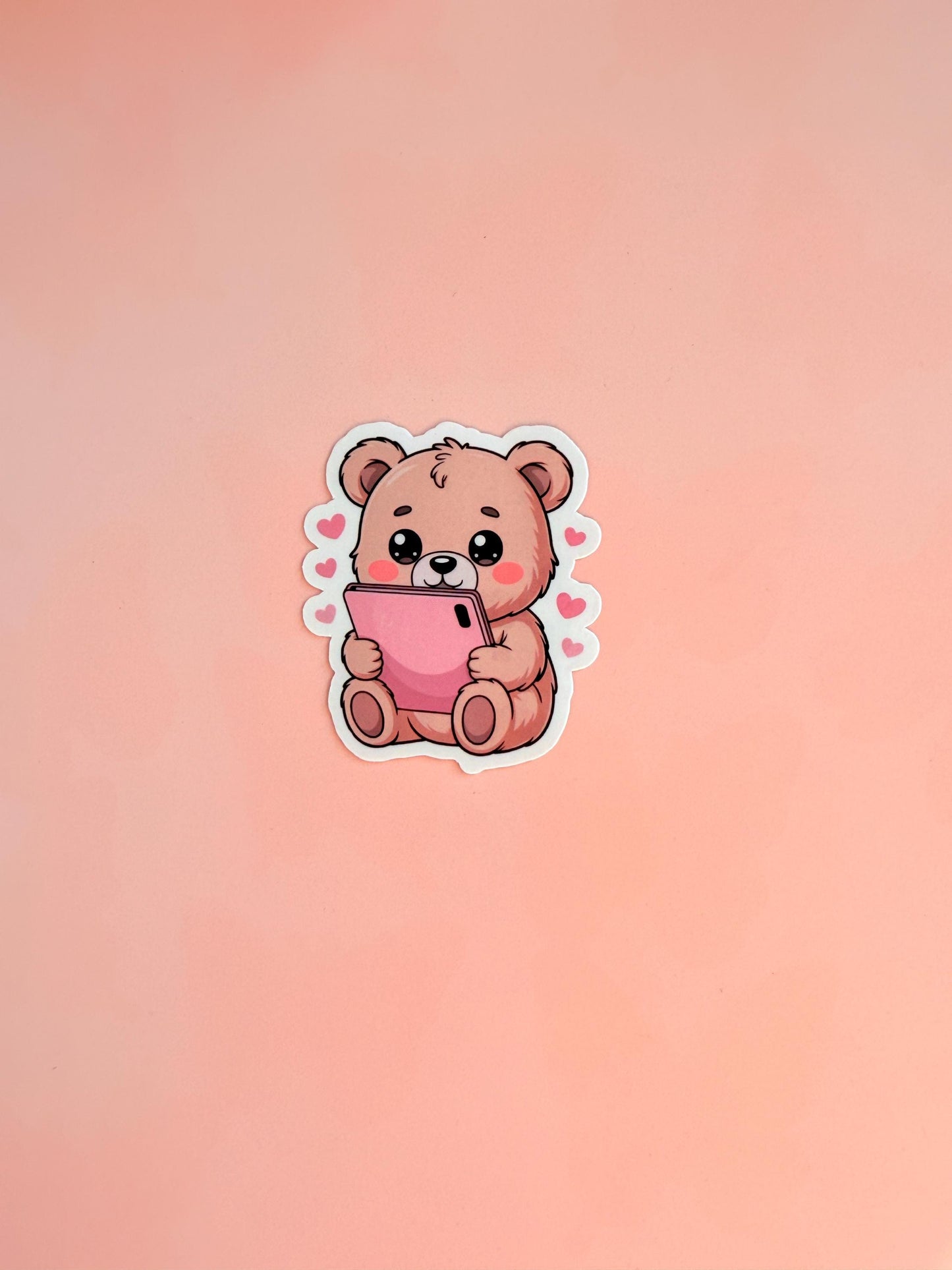 Kawaii Teddy Bear Sticker | Pink Phone, Hearts, Matte Vinyl __etsy:6955453210