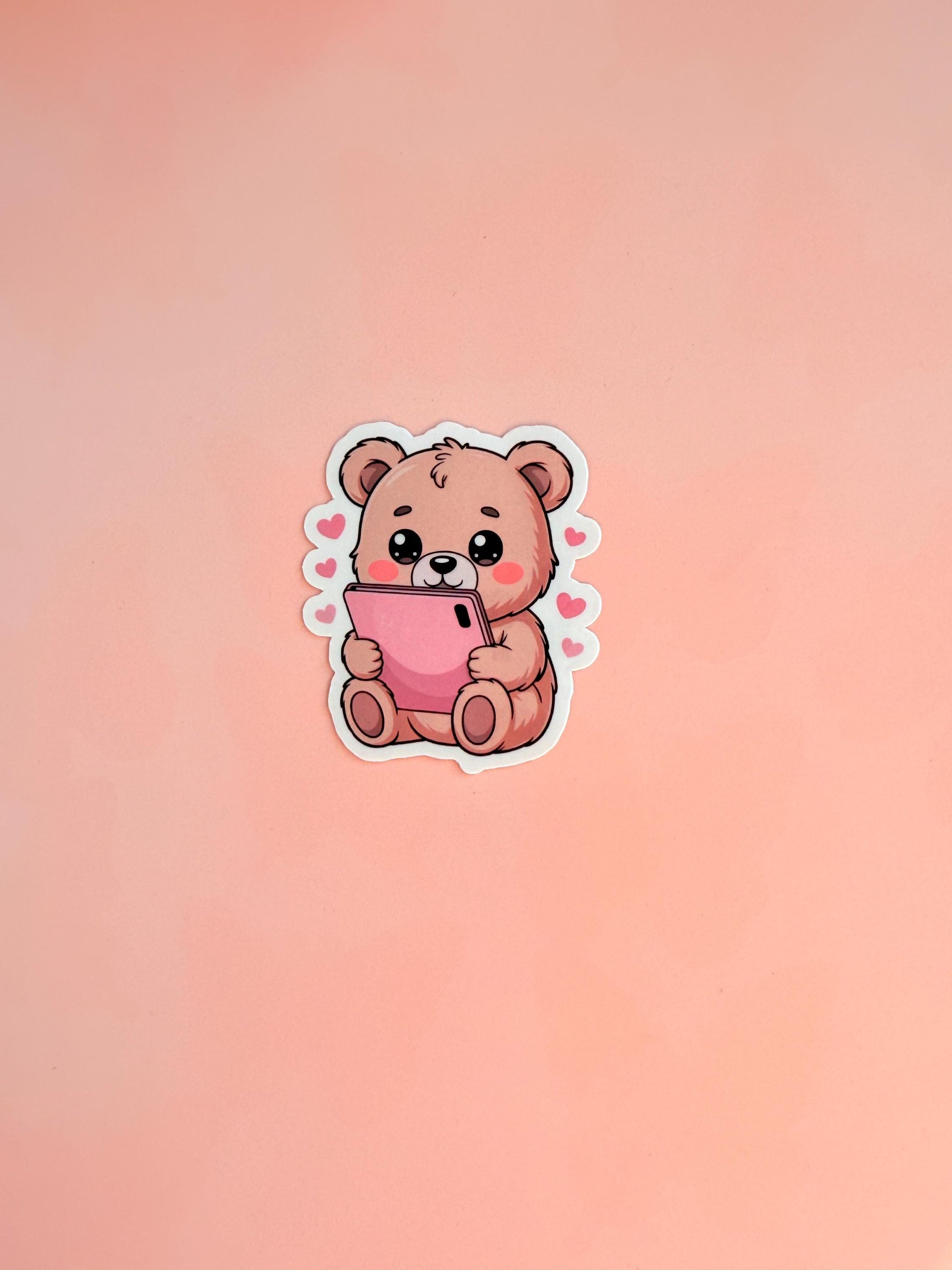 Kawaii Teddy Bear Sticker | Pink Phone, Hearts, Matte Vinyl __etsy:6955453210