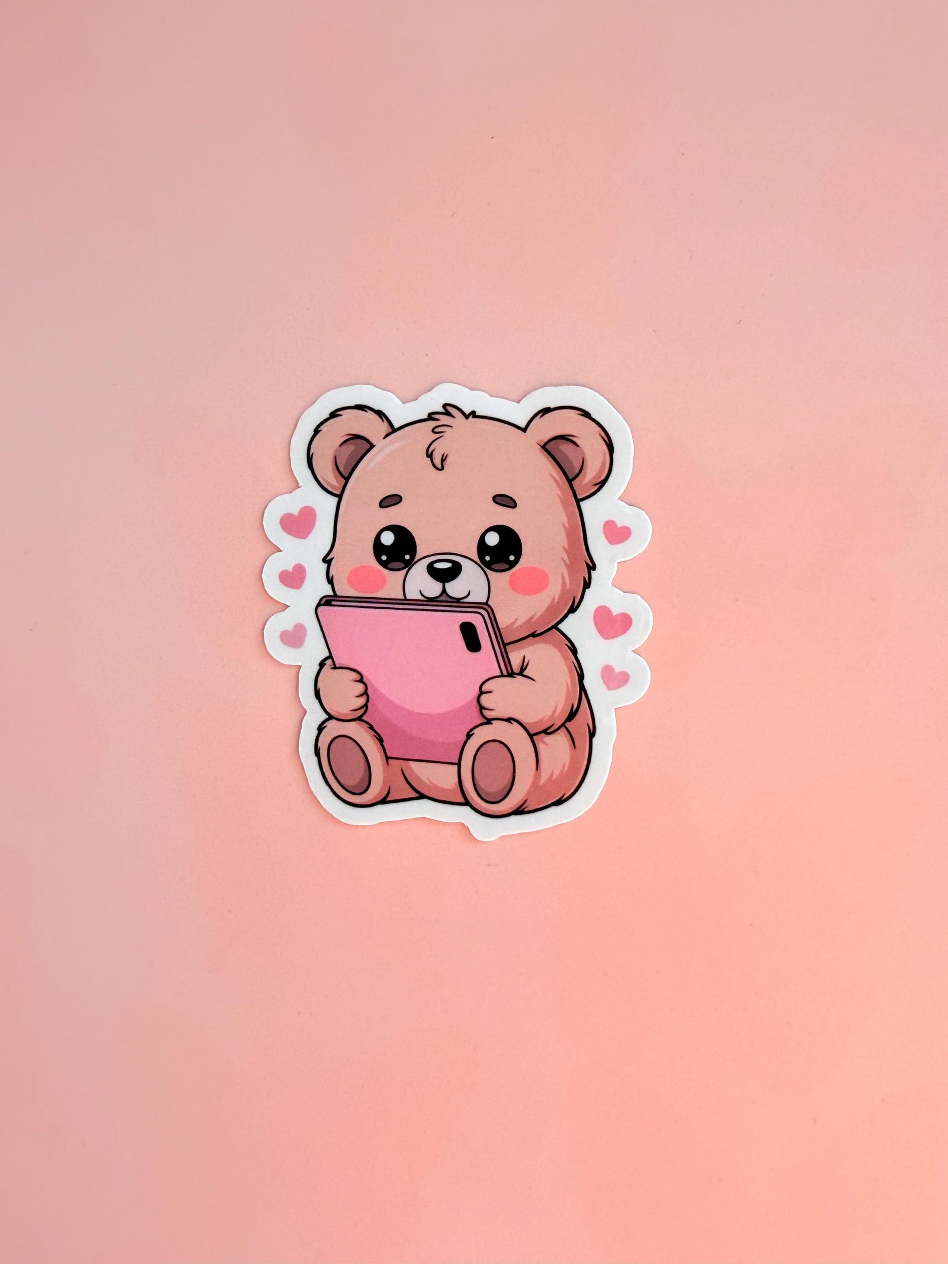Kawaii Teddy Bear Sticker | Pink Phone, Hearts, Matte Vinyl __etsy:6955453216