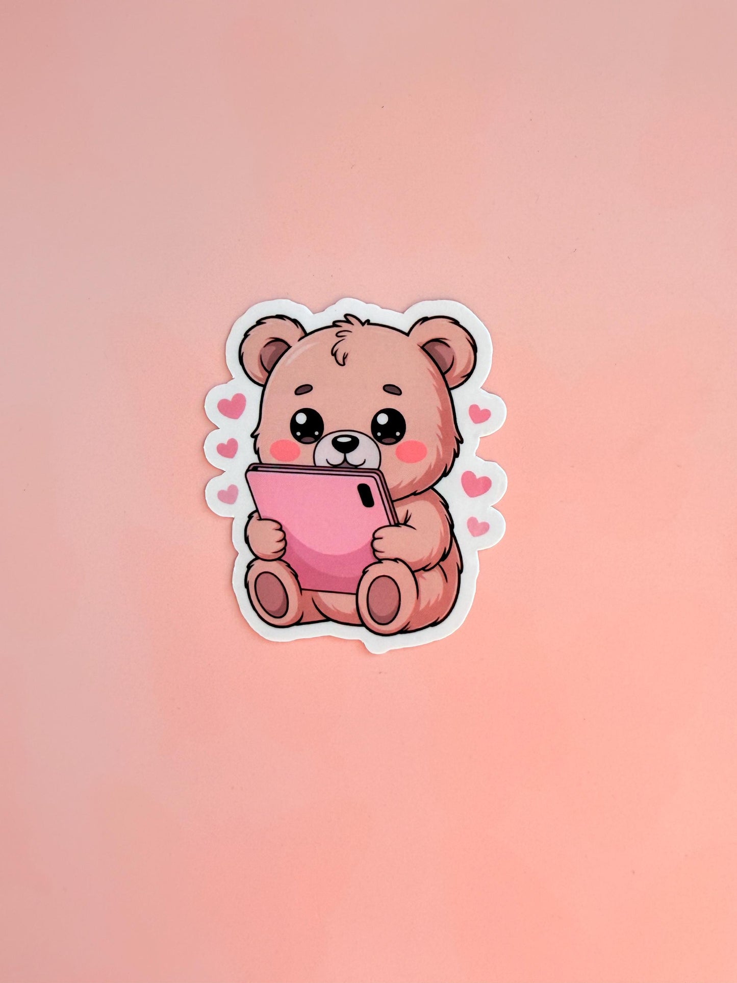 Kawaii Teddy Bear Sticker | Pink Phone, Hearts, Matte Vinyl __etsy:6955454138