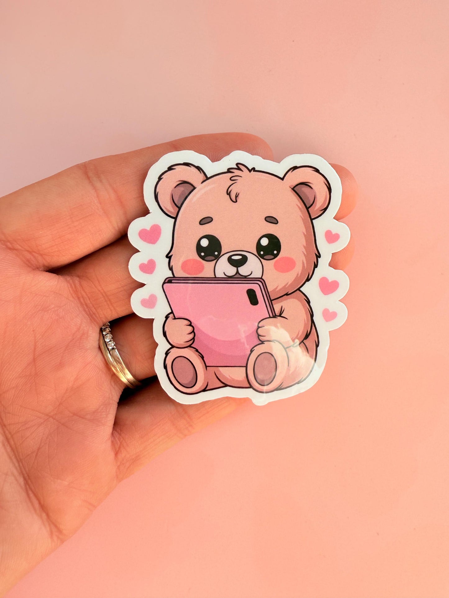 Kawaii Teddy Bear Sticker | Pink Phone, Hearts, Matte Vinyl __etsy:6955454162
