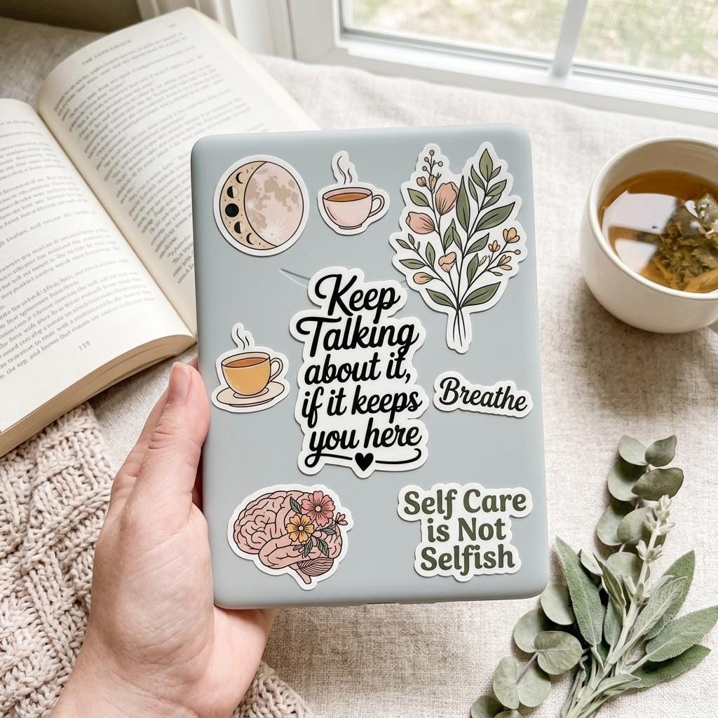 a woman holding a kindle showing the back with stickers, the main sticker sayin "Keep talking aboutit if it keeps you here with a small heart and another sticker that says self care is not selfish. __etsy:8182115919