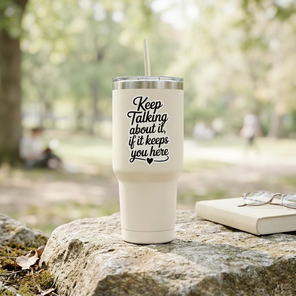 a cream colored drinking tumbler on a rock outside with a cute book beside it. The sticker on the tumbler says "keep talking about it if it keeps you here with a heart at the bottom. elegant and classy sticker about mental health __etsy:8182115943