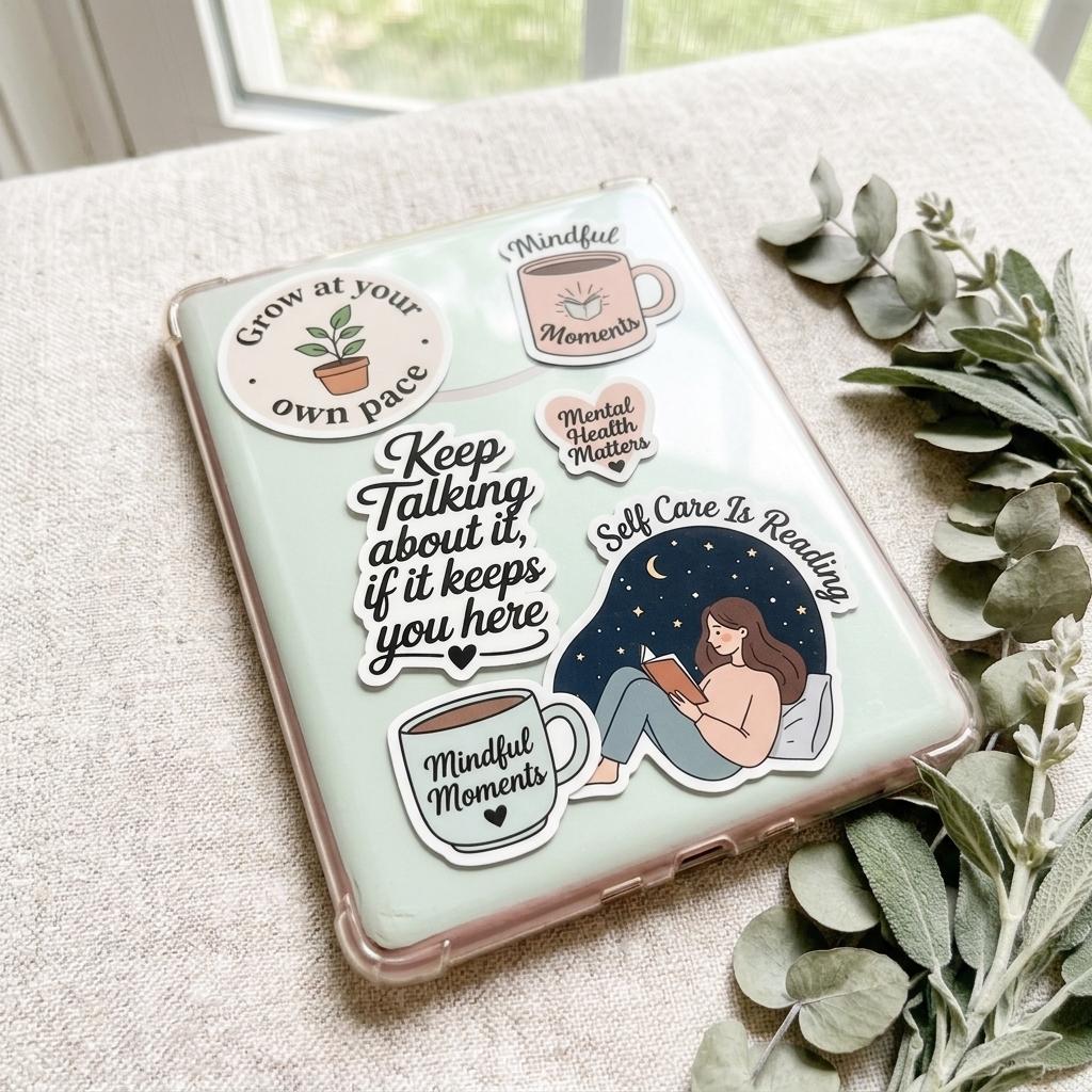 back of a kindle laying on a desk next to a green sage plant that says keep talking about it if it keeps you here with a heart at the bottom. elegant and classy sticker about mental health __etsy:8182115953