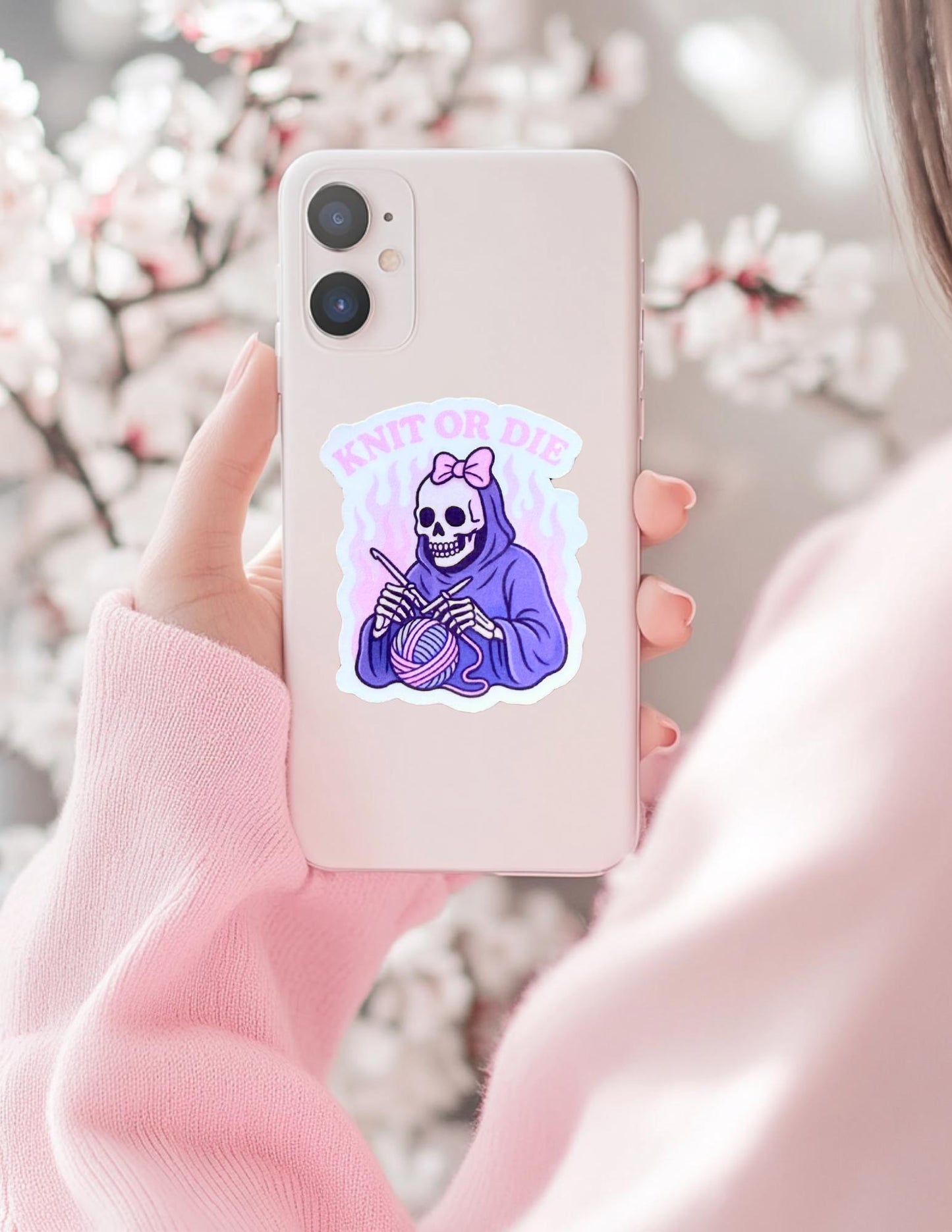 Knit or Die Sticker: Pink Skeleton Knitting Vinyl Decal __etsy:6891343873