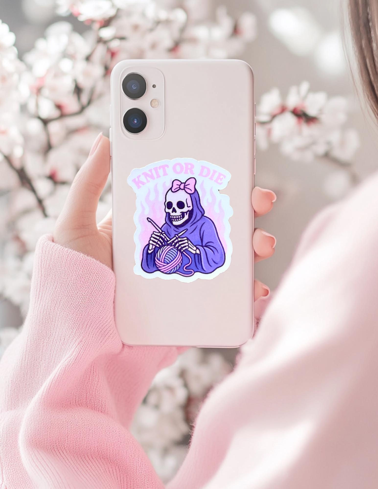 Knit or Die Sticker: Pink Skeleton Knitting Vinyl Decal __etsy:6891343873