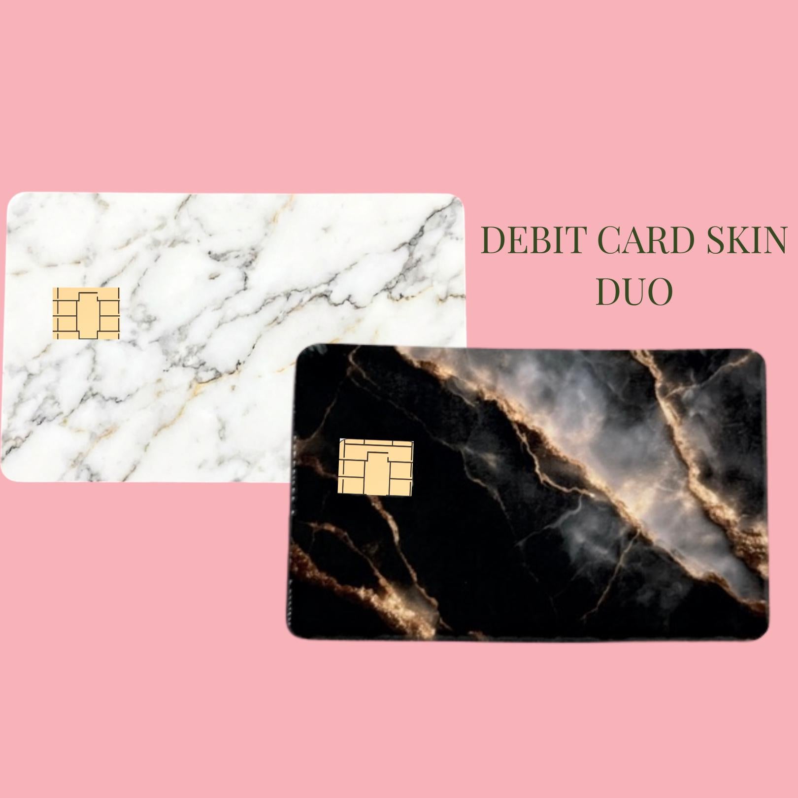 White and gold marble debit card skin close-up showing veining detail and chip cutout __etsy:7804756265