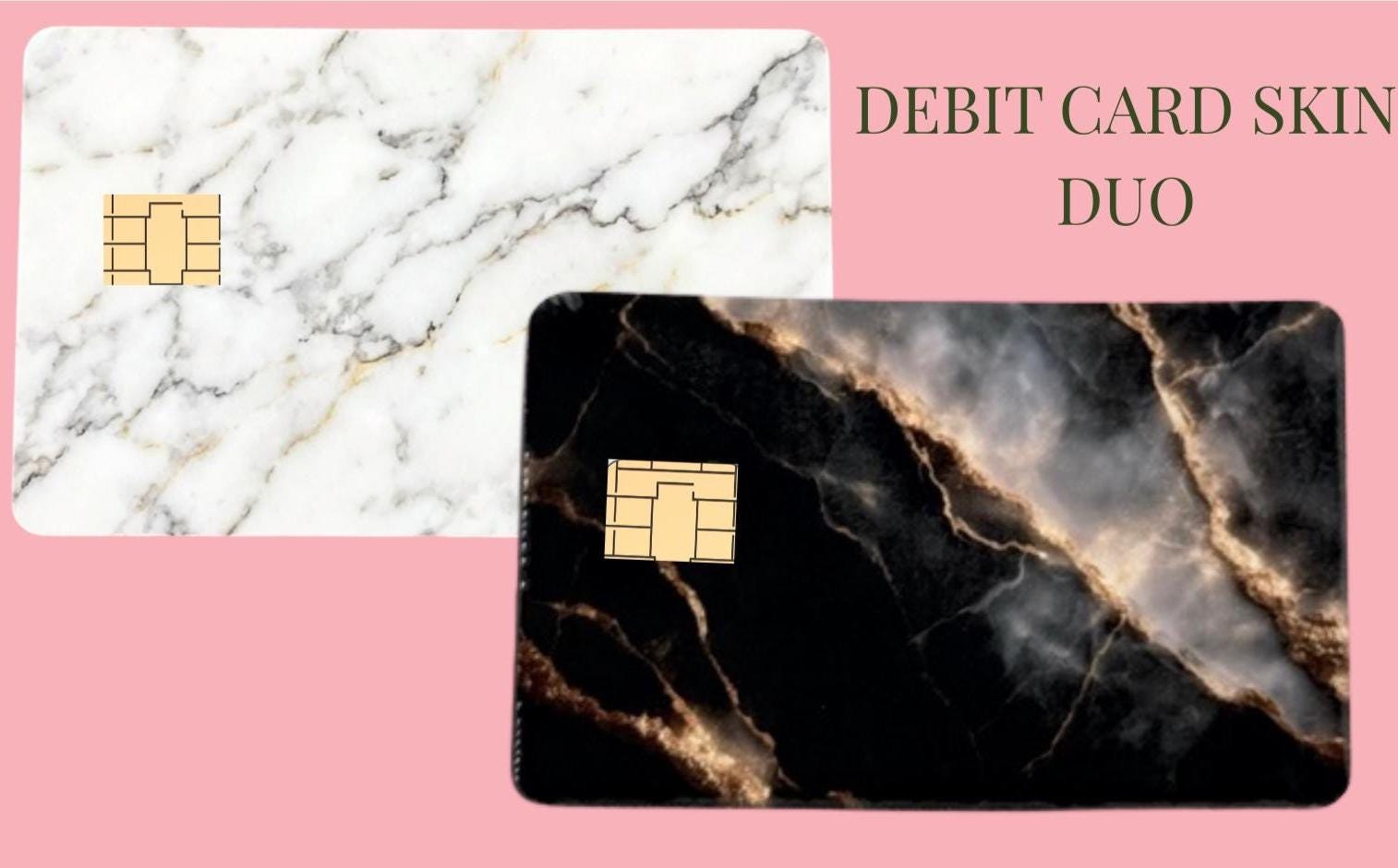 Black and gold marble debit card skin close-up showing luxury vinyl texture __etsy:7804753913