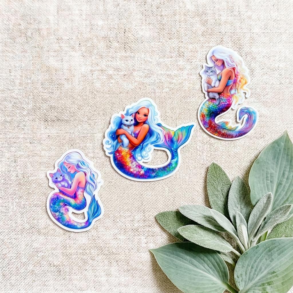 Three rainbow mermaid cat vinyl stickers featuring mermaids holding fluffy cats, arranged on a natural linen background with green sage leaves __etsy:8185249573