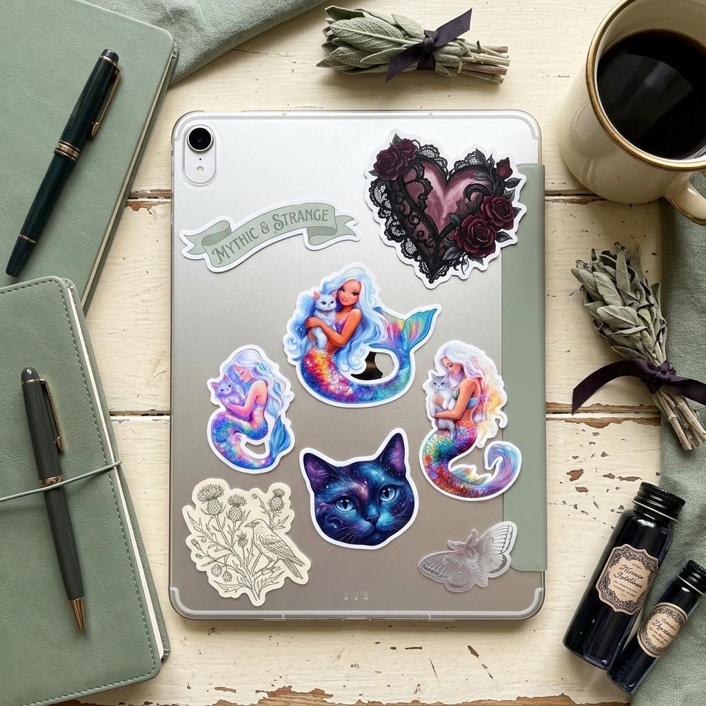 A clear tablet case decorated with colorful mermaid cat stickers and fantasy stickers, styled on a wooden desk with a pen, coffee mug, sage bundles and ink bottle __etsy:8137354354