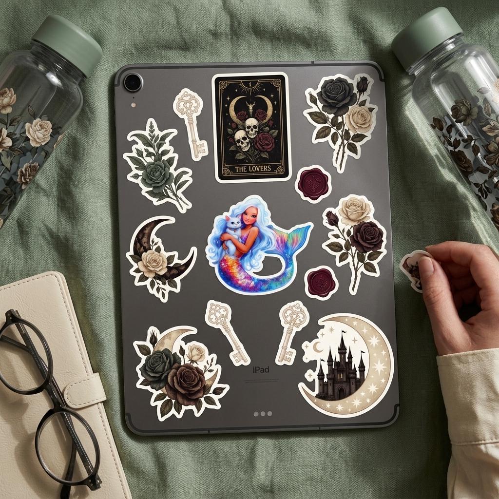 A tablet decorated with a rainbow mermaid sticker surrounded by gothic tarot, rose, key and moon stickers, with water bottles, eyeglasses and a hand nearby __etsy:8137354356
