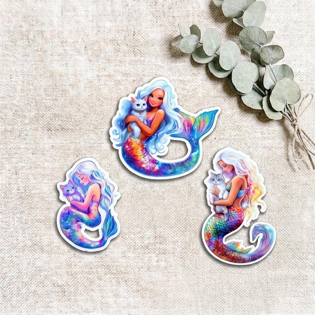 Three rainbow mermaid cat vinyl stickers, each showing a mermaid cradling a fluffy cat, displayed on a linen background with eucalyptus branches __etsy:8185249571