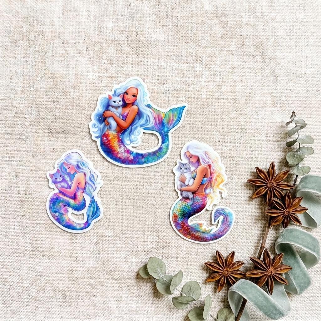 Three colorful mermaid cat vinyl stickers holding fluffy cats, arranged on a linen background decorated with eucalyptus leaves and star anise __etsy:8137354368