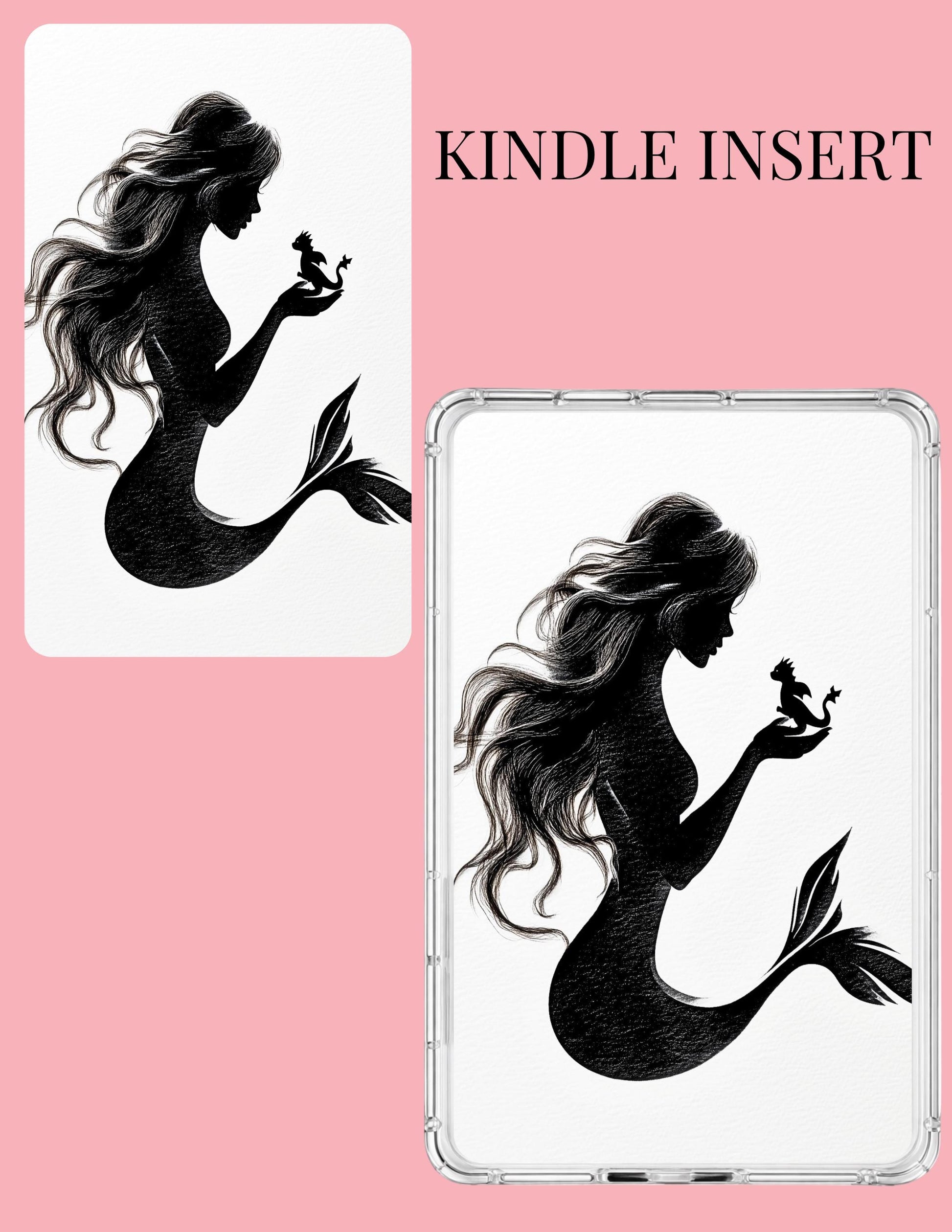 Mermaid silhouette kindle insert holding tiny dragon minimalist aesthetic __etsy:8013575908