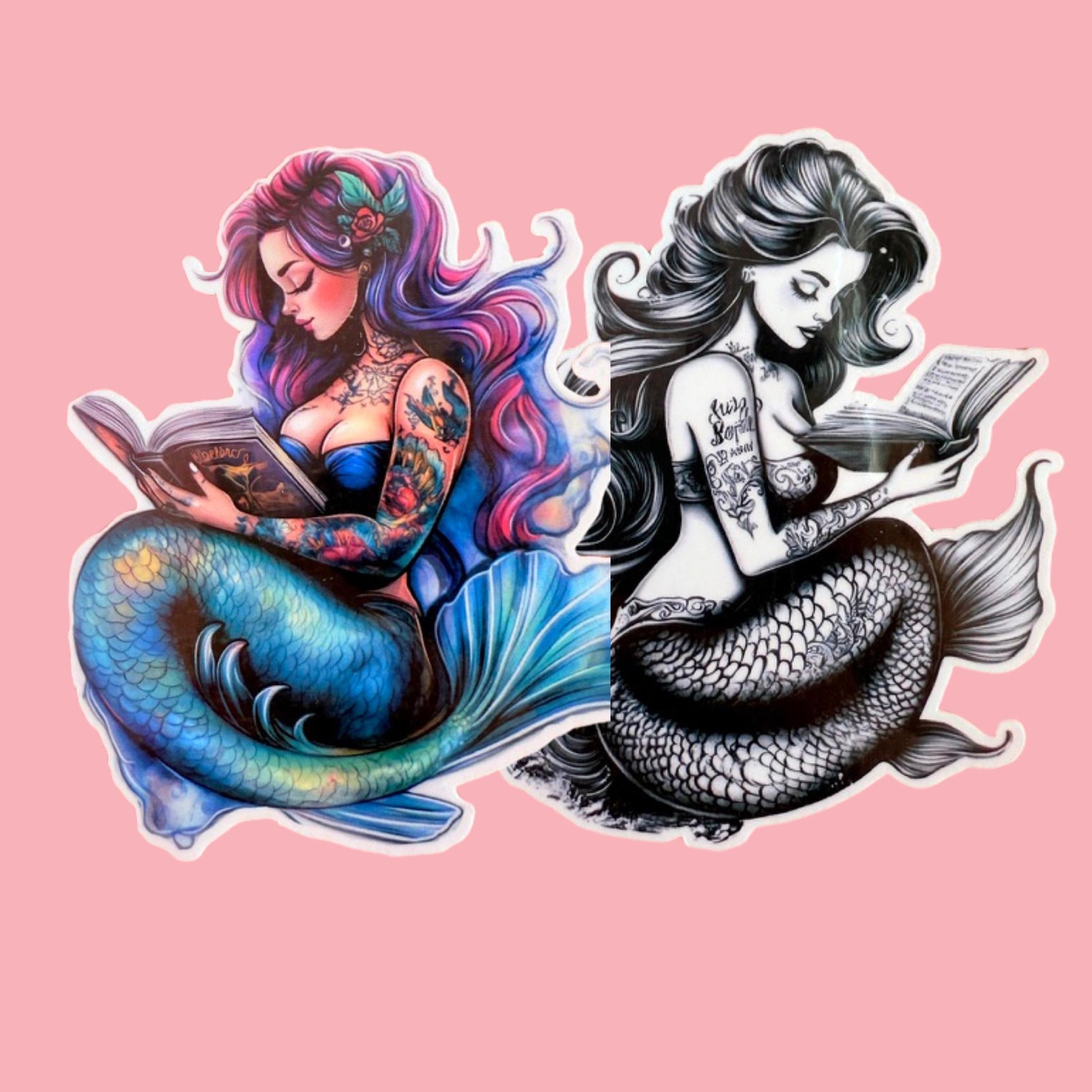 Color and black white mermaid reader vinyl sticker bundle on pink background __etsy:7733539228