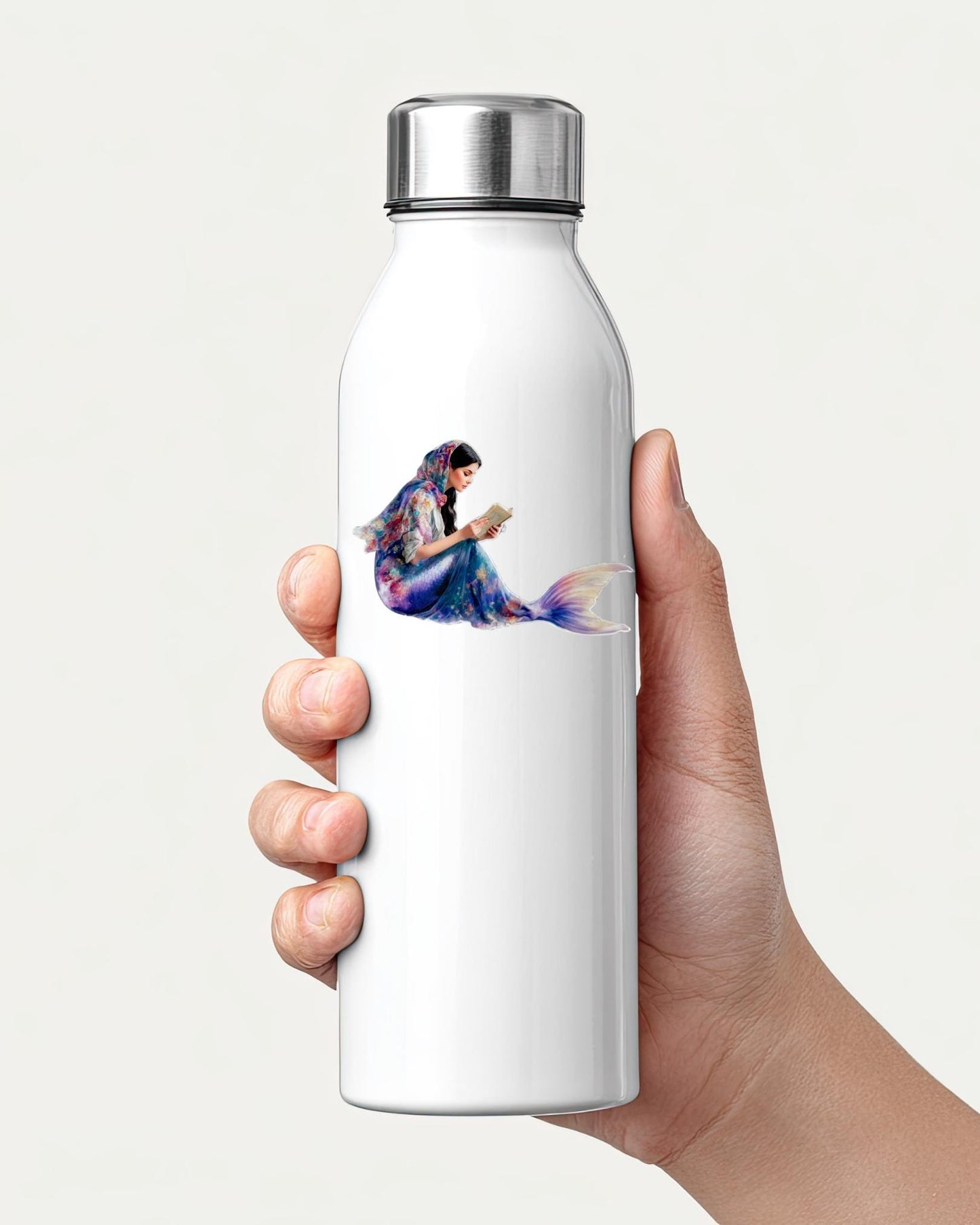 Mermaid sticker applied to a water bottle showing waterproof durability __etsy:7684412092