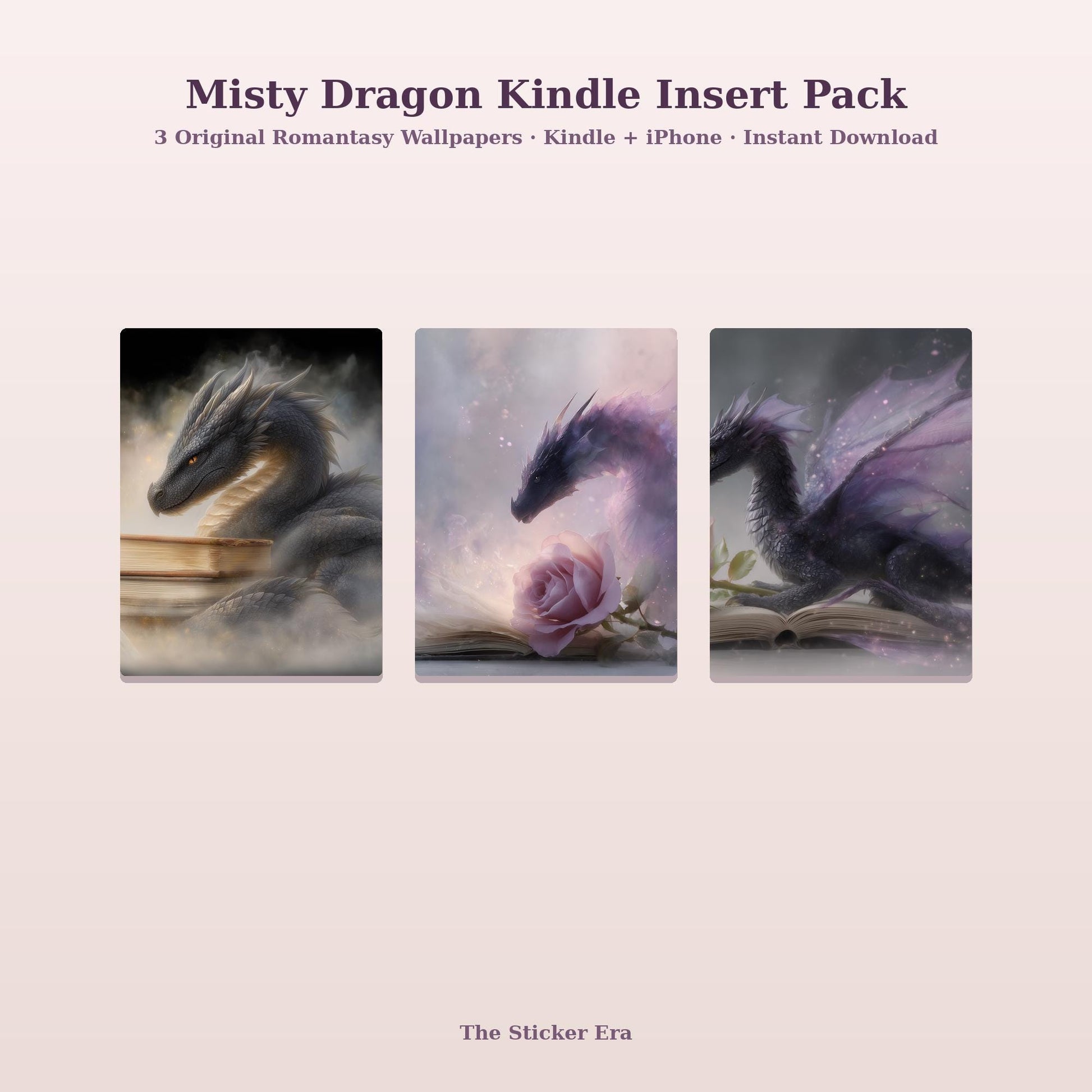 Misty Dragon Kindle Insert Pack, 3 Romantasy Wallpapers, Booktok Gift __etsy:8078118055