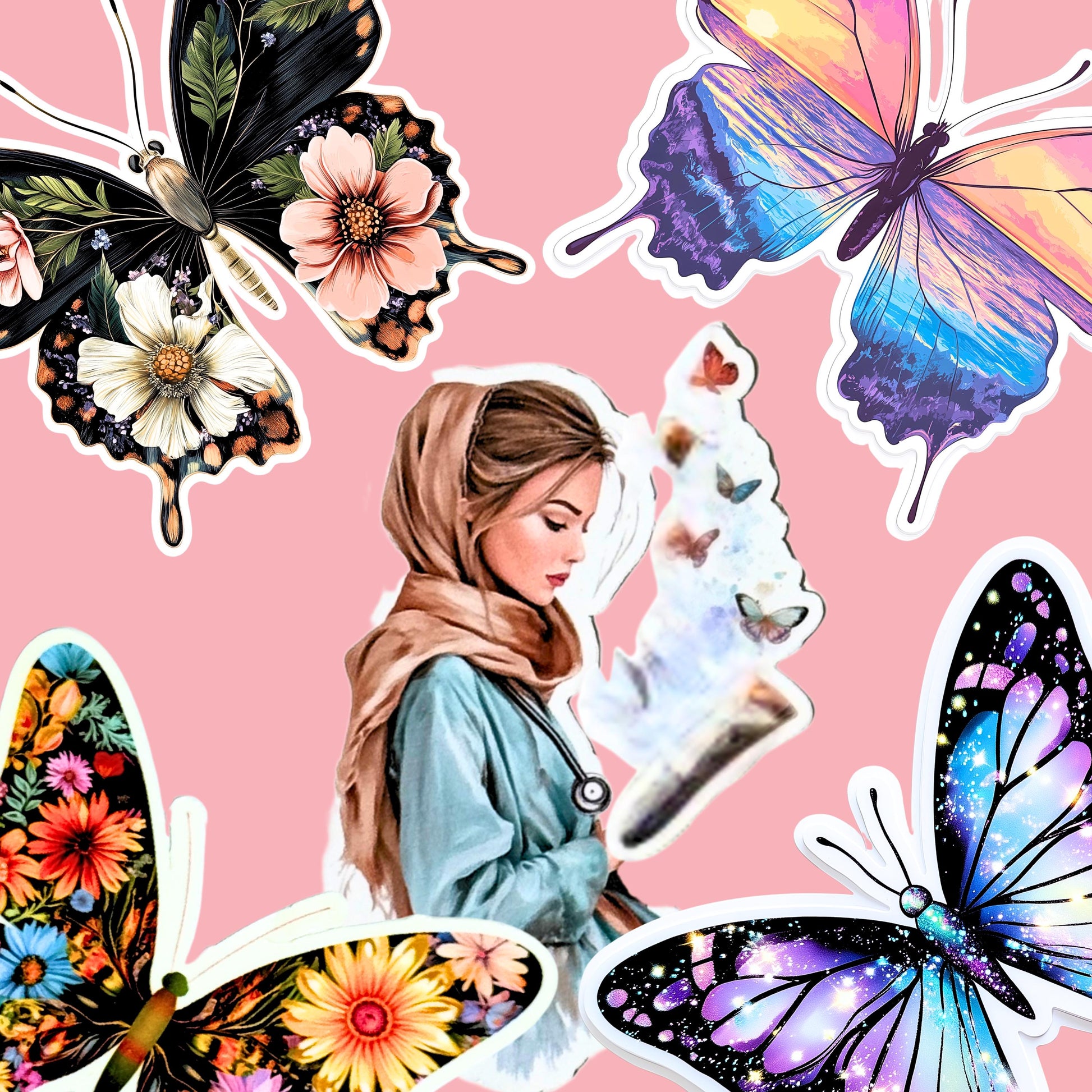 Five vinyl stickers including four butterflies and a modest reader girl displayed on a pink book cover. __etsy:7781225923