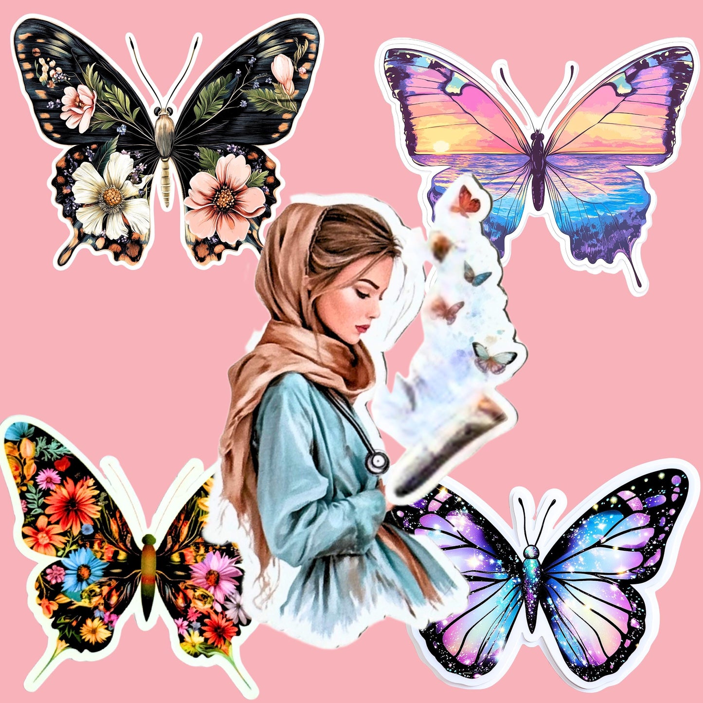 Close-up of modest reader girl sticker with butterflies floating from an open book. __etsy:7733262654