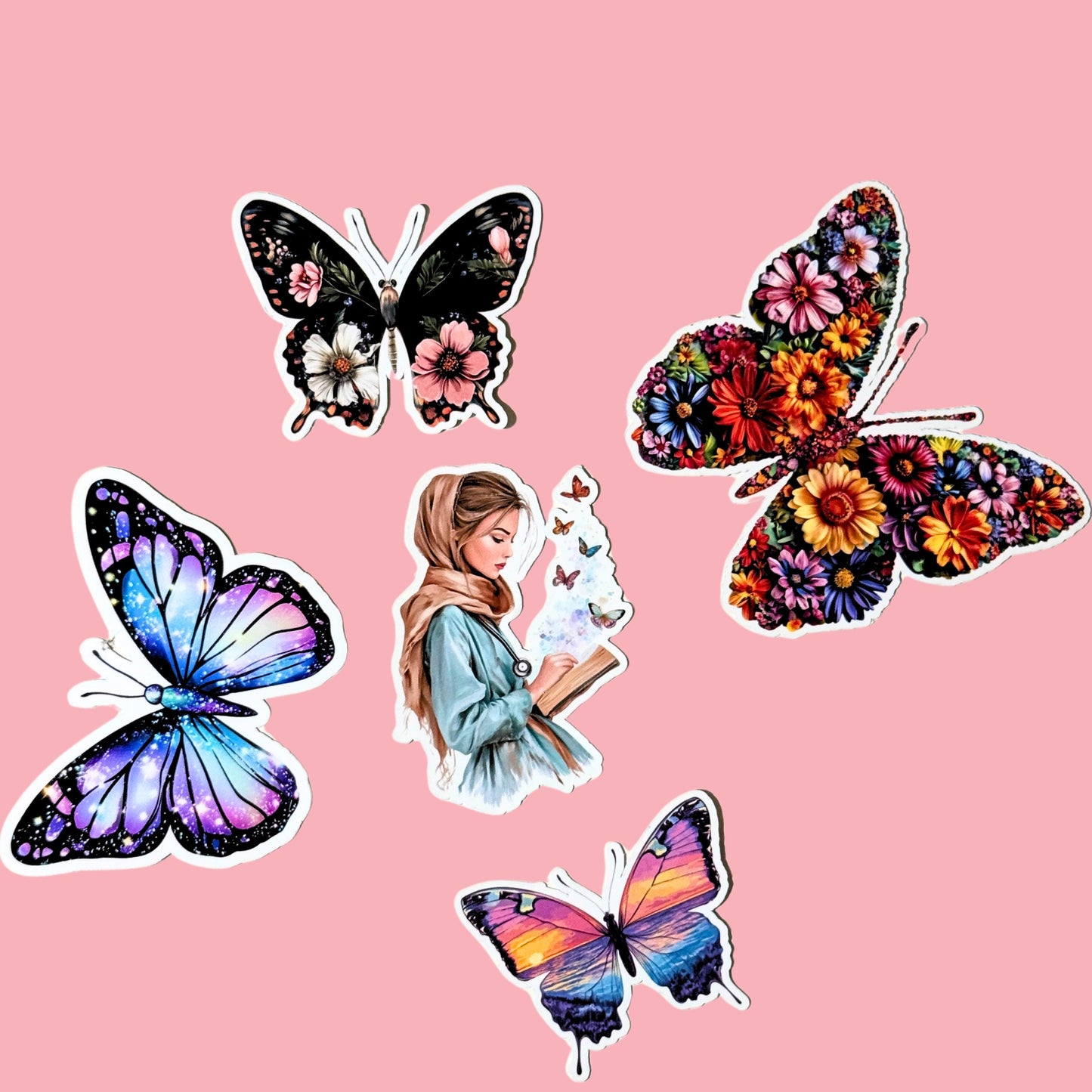 Colorful floral butterfly vinyl sticker with white die-cut border. __etsy:7733273864