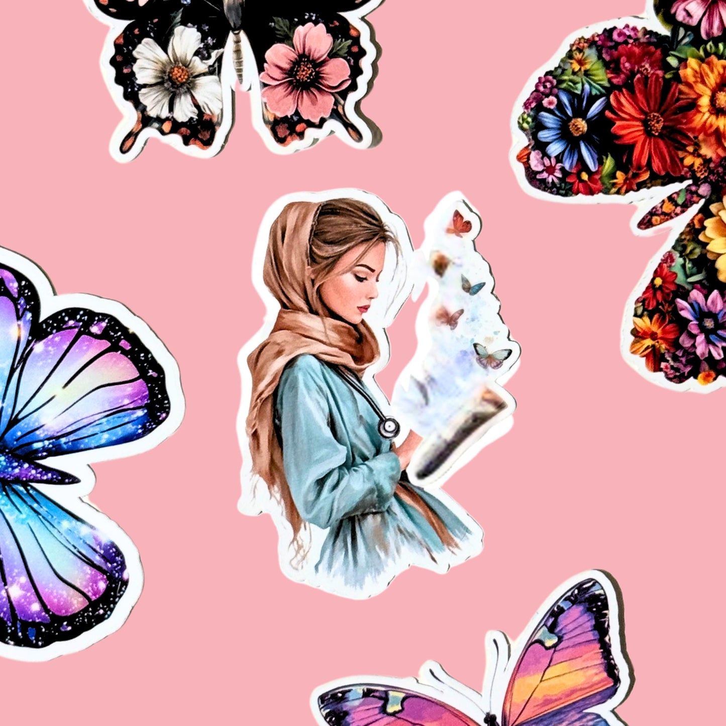 Nurse reading with 
Galaxy butterfly vinyl sticker with vibrant purple and blue tones. __etsy:7781224145