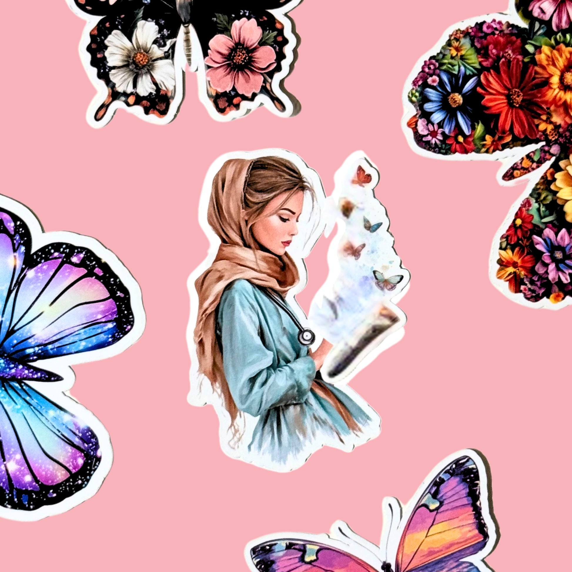 Nurse reading with 
Galaxy butterfly vinyl sticker with vibrant purple and blue tones. __etsy:7781224145