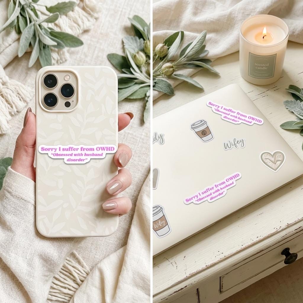 Two-photo collage of the "Obsessed with husband disorder" sticker. On the left, a hand holds a phone with a cream botanical case displaying the sticker; on the right, the sticker decorates a cream journal alongside "Wifey" and coffee cup stickers, styled with sage greenery and a lit candle. __etsy:8134290468