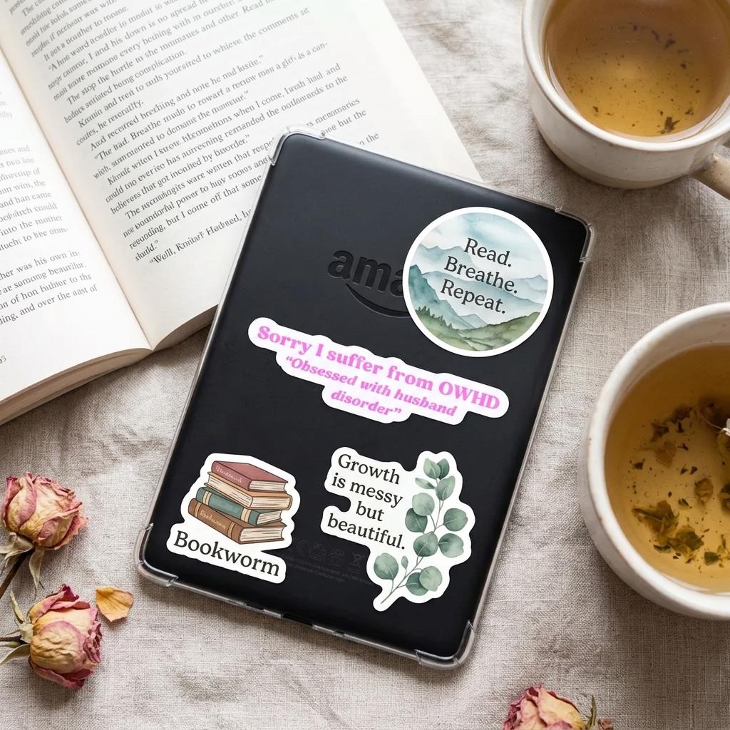 The "Obsessed with husband disorder" sticker on a black Amazon Kindle e-reader, clustered with other bookish decals including "Read. Breathe. Repeat.", a "Bookworm" book stack, and "Growth is messy but beautiful". Flat-lay with an open book, a cup of tea, and dried roses on linen. __etsy:8134290478