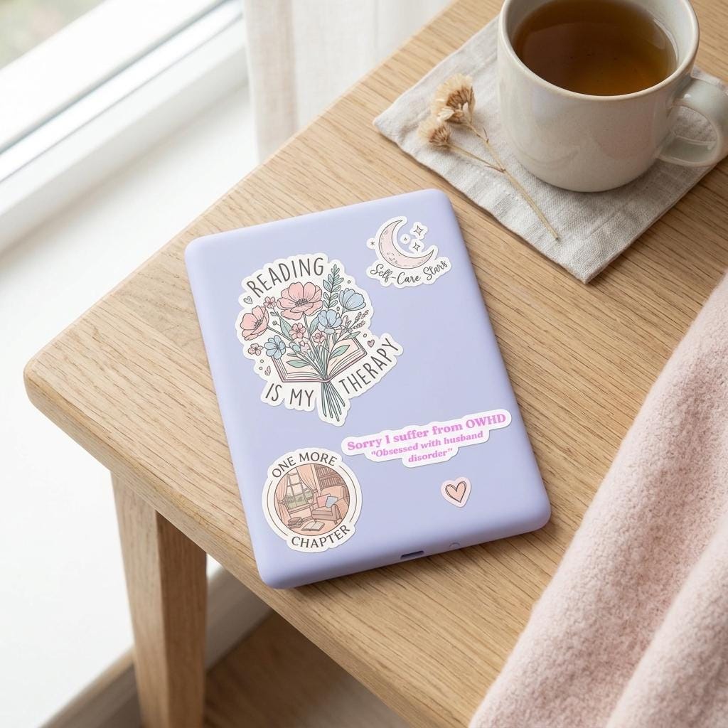 The "Obsessed with husband disorder" sticker on a lavender Kindle e-reader, paired with bookish stickers like "Reading is my therapy", "One More Chapter" and a self-care moon design. Styled on a wooden side table with a cup of tea, dried flowers, and a soft pink knit blanket. __etsy:8134290462