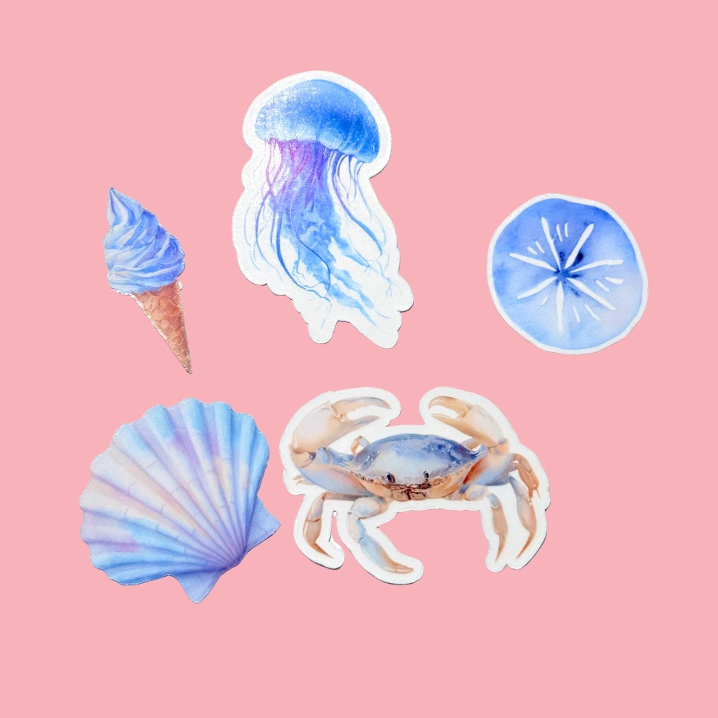 Ocean watercolor sticker pack with jellyfish, crab, seashell, sand dollar and ice cream cone vinyl decals in soft blue tones, by The Sticker Era __etsy:8038765819