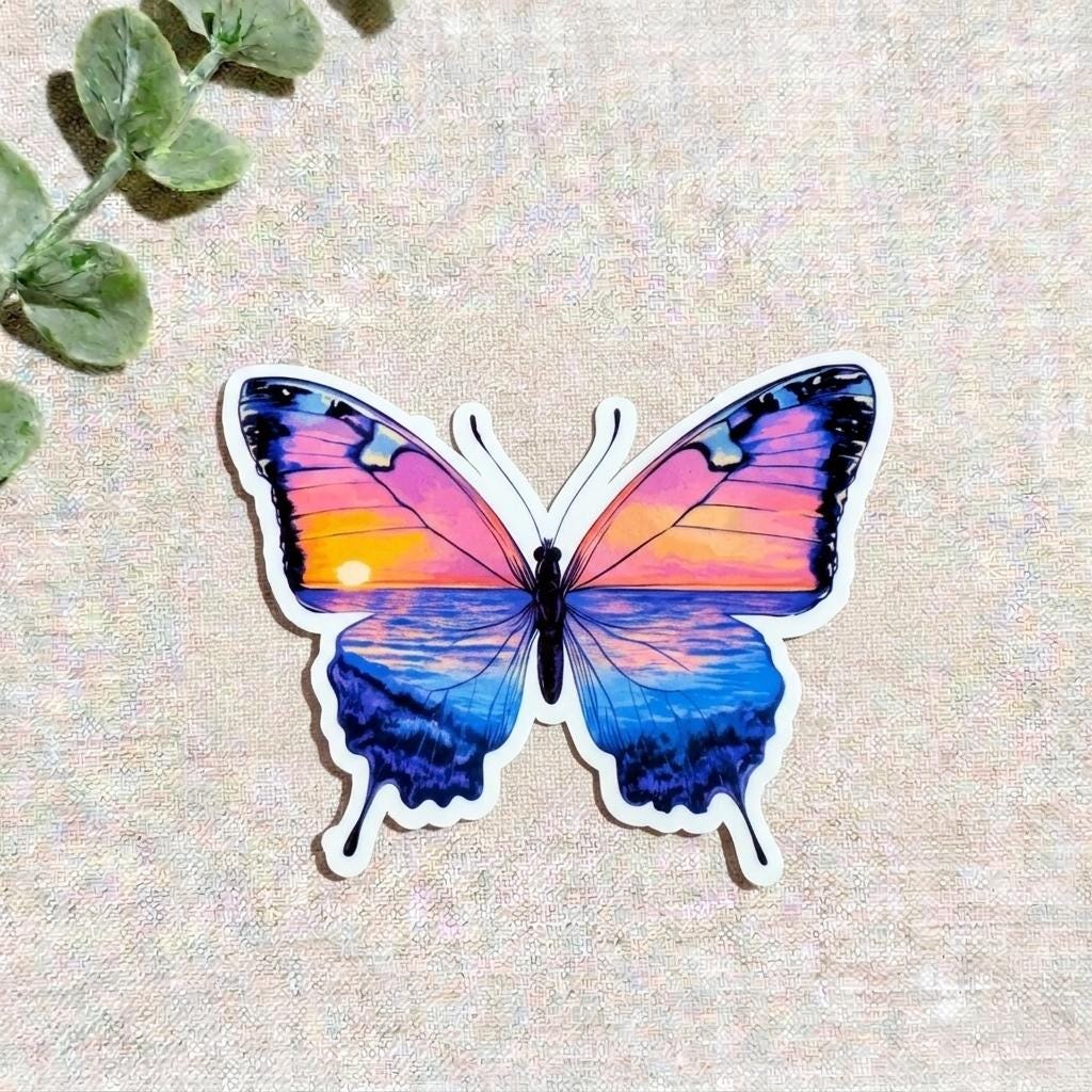 Ocean Sunset Butterfly Sticker: Waterproof Vinyl Decal for Laptop, Tumbler __etsy:8157582785