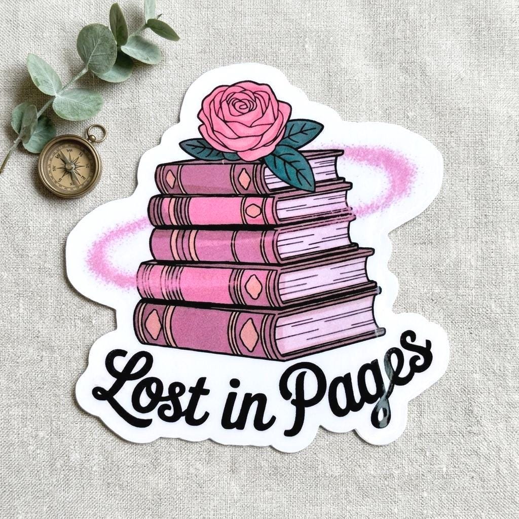 Pink Book Stack Sticker: Rose & Vintage Books - Book Club Gift __etsy:8109721224