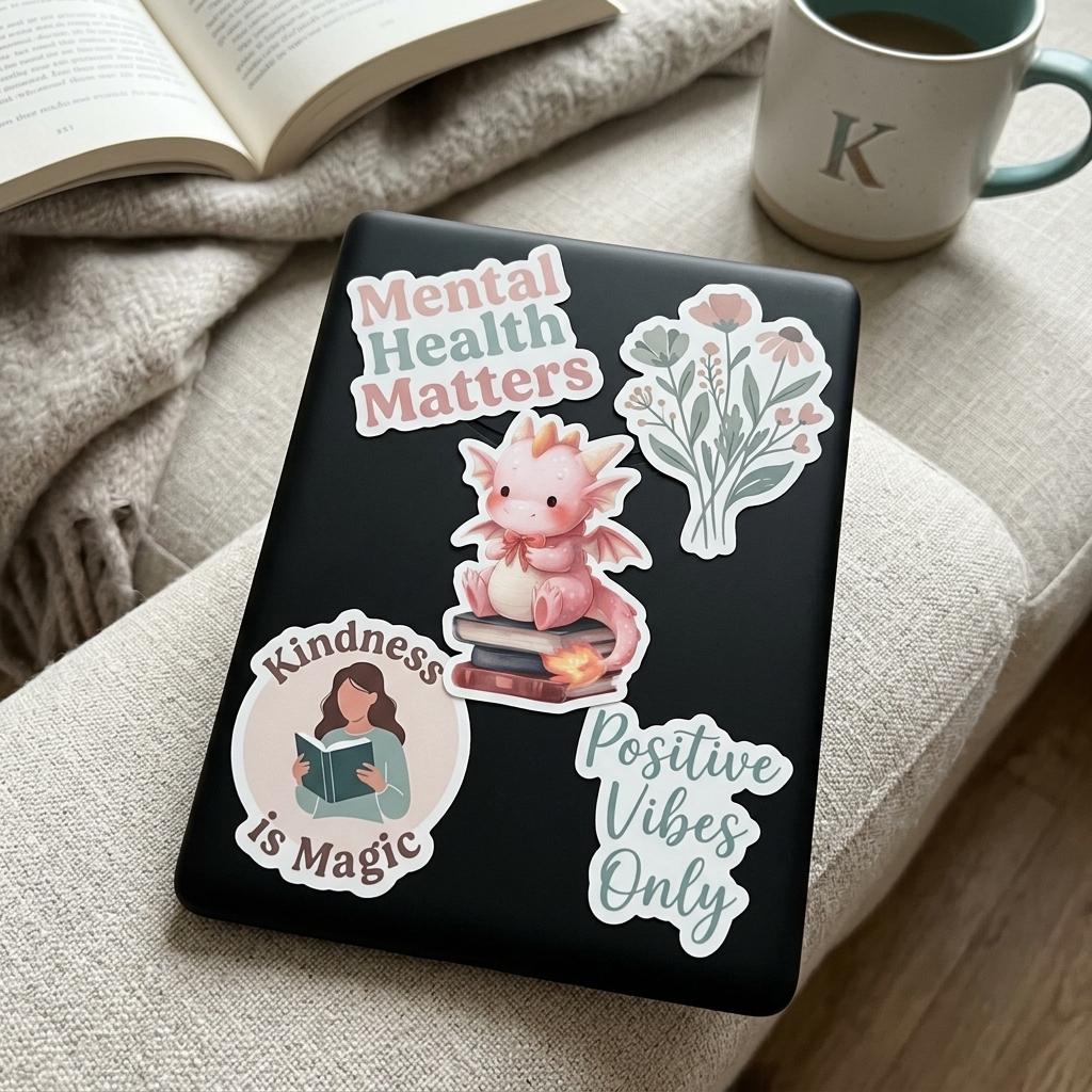 A black tablet case on a cream couch decorated with mental health stickers, including 'Mental Health Matters', a pink dragon on books, wildflowers, 'Kindness is Magic' with a person reading, and 'Positive Vibes Only'. An open book and a monogrammed 'K' mug rest nearby. __etsy:8133886778