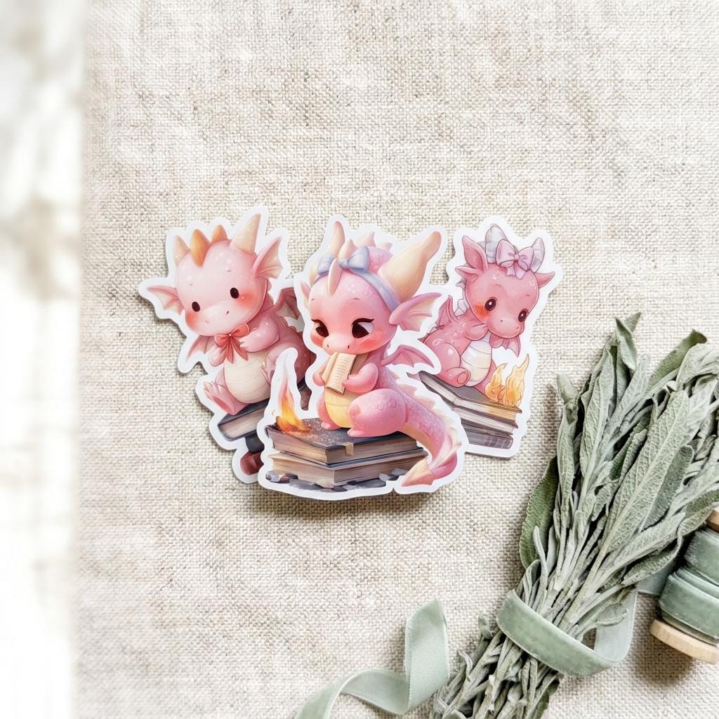Three cute pink baby dragon die-cut stickers arranged together on a linen background, each perched on or beside stacks of books, with a bundle of dried sage tied in ribbon resting alongside them. __etsy:8181784555