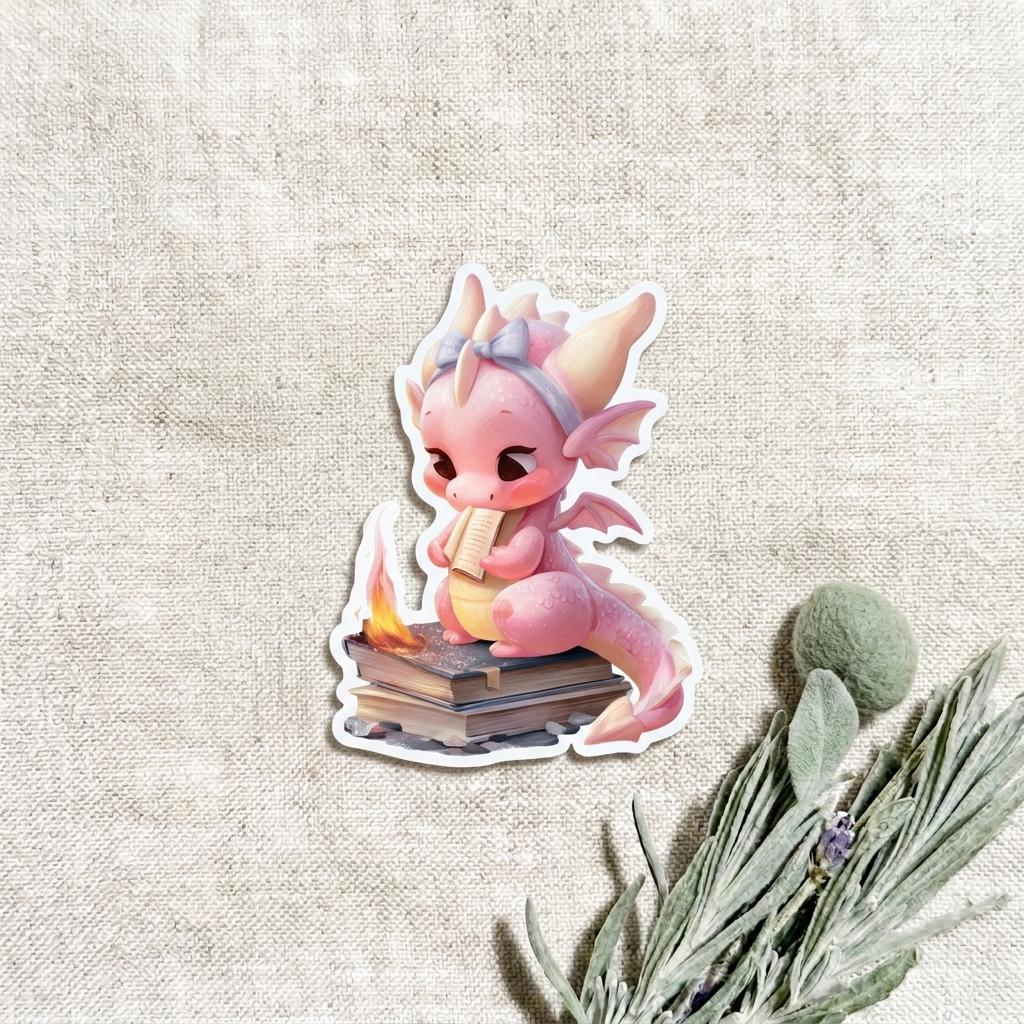 A single die-cut sticker of a cute pink baby dragon reading a book while sitting on a stack of books beside a small flame, shown on a linen background with sprigs of lavender and greenery beside it. __etsy:8133886792